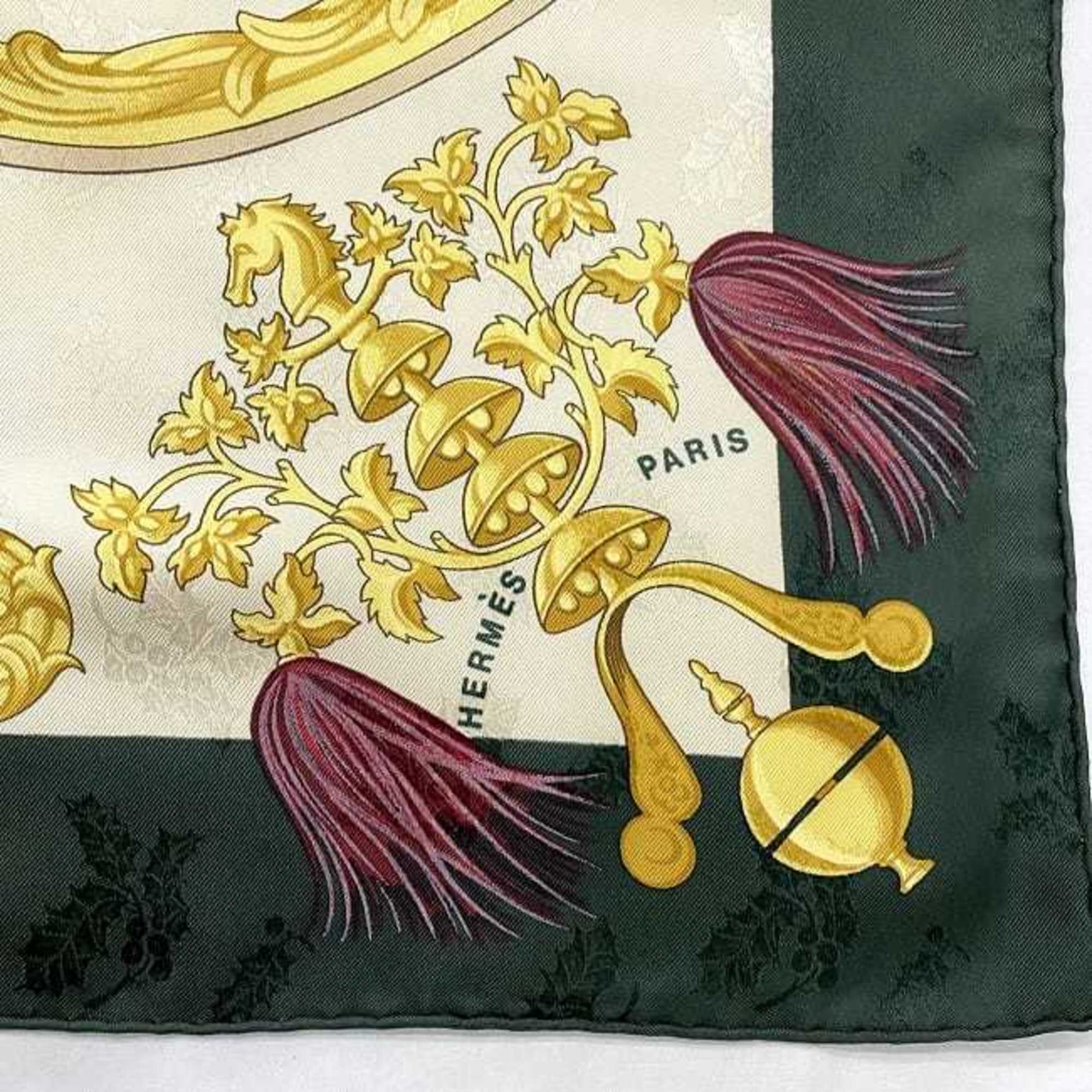 Hermes Scarf Carre 90 Beige Green Feather and Bell 100% Silk HERMES Large PLUMES ET GRELOTS Horse Ladies Fashion Accessories