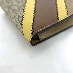 Michael Kors Bifold Wallet Brown Beige Yellow 36R3LCOF3U Folding Leather MICHAEL KORS Stripe Patchwork Stitching Ladies Compact