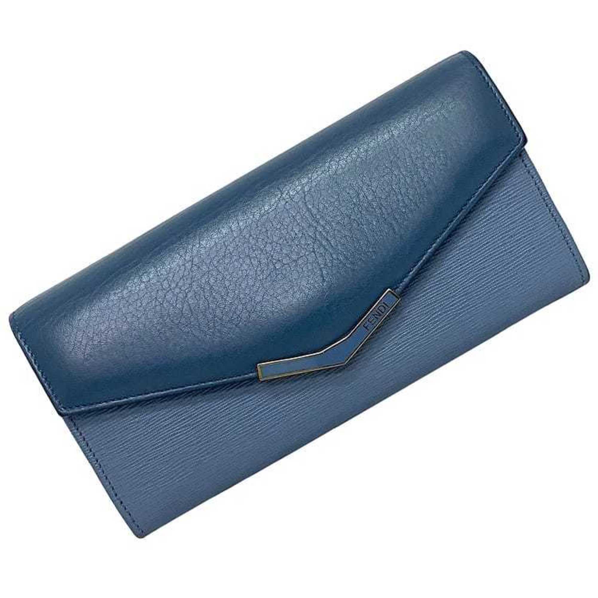 Fendi Bifold Long Wallet Blue Light Gold Toujours 8M0306 Leather GP FENDI Flap