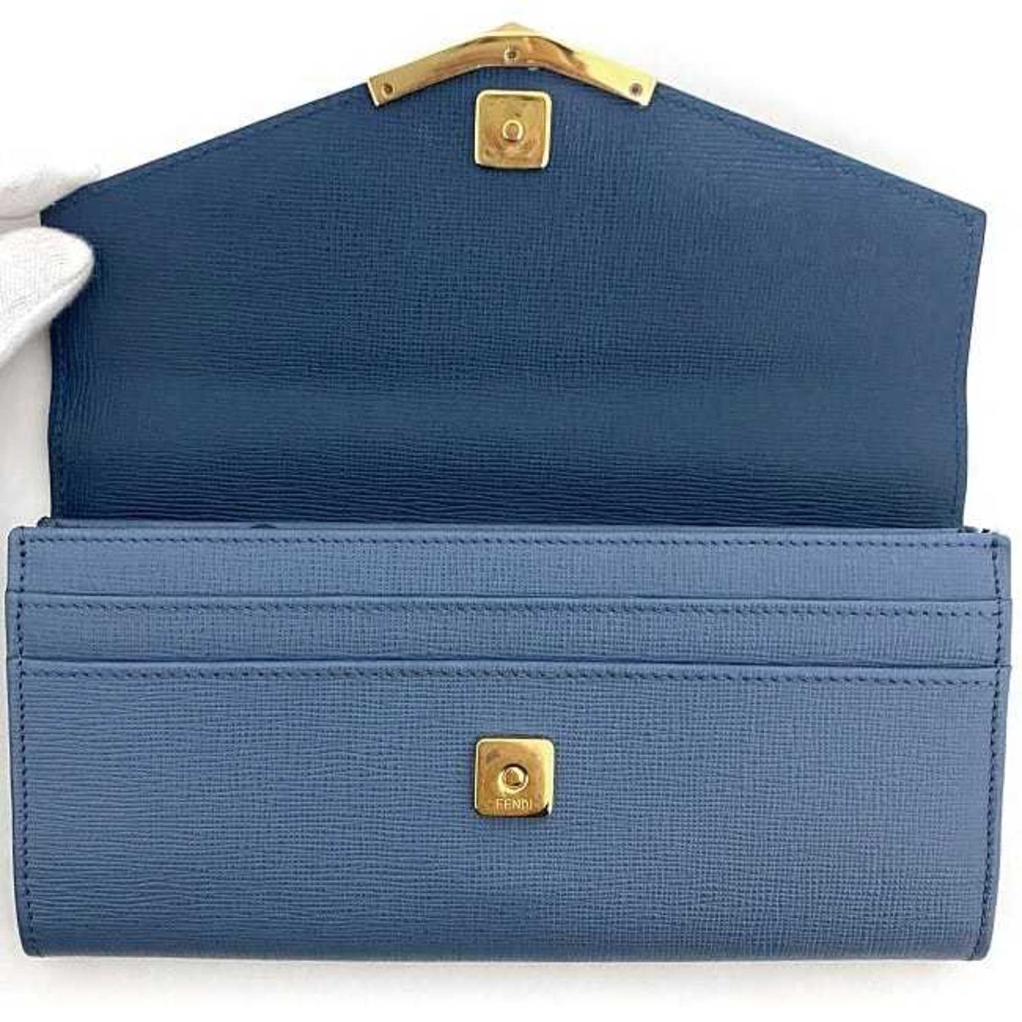 Fendi Bifold Long Wallet Blue Light Gold Toujours 8M0306 Leather GP FENDI Flap