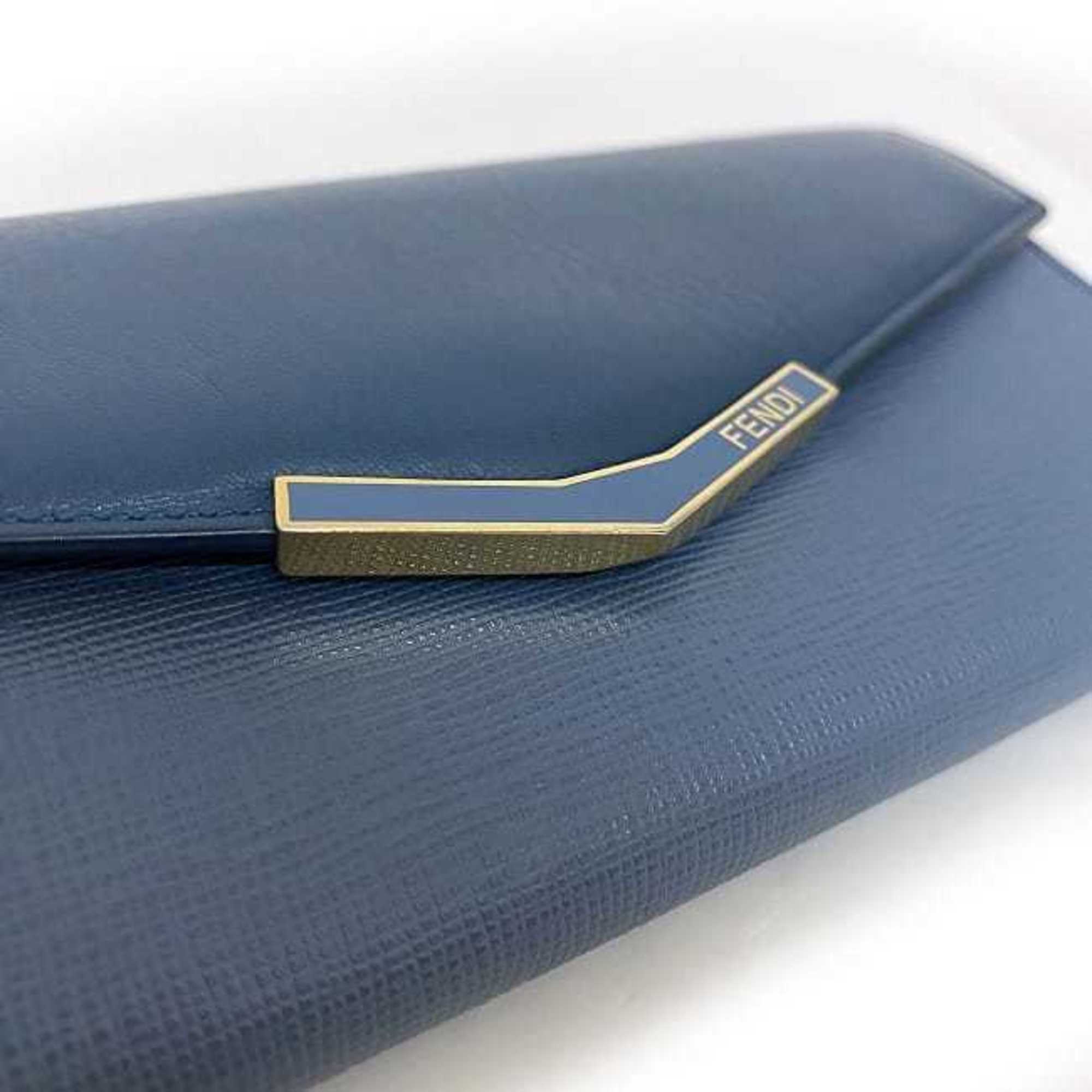 Fendi Bifold Long Wallet Blue Light Gold Toujours 8M0306 Leather GP FENDI Flap