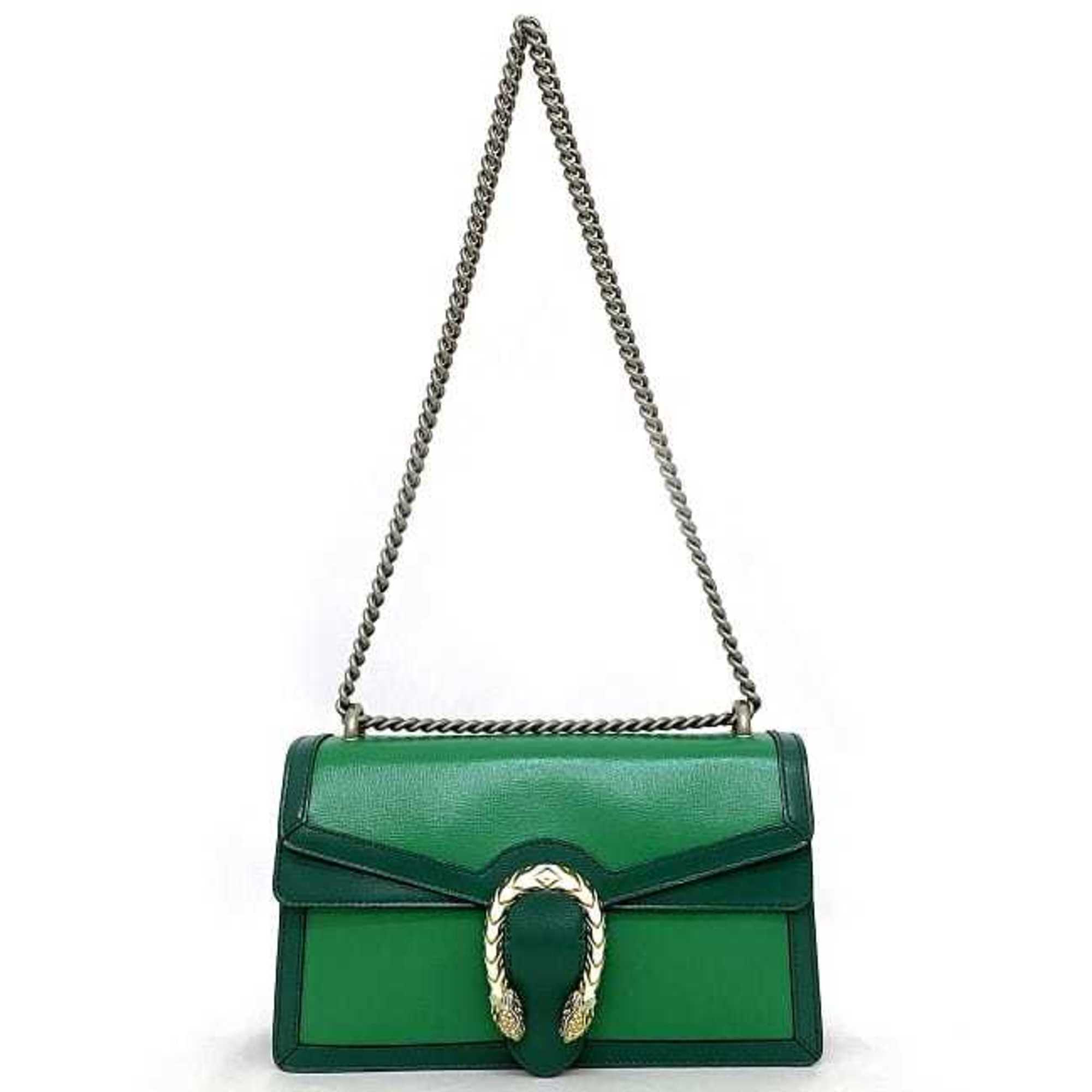 Gucci Dionysus Chain Shoulder Bag Green White Gold Silver 493930 Leather GUCCI Snake Flap Women's