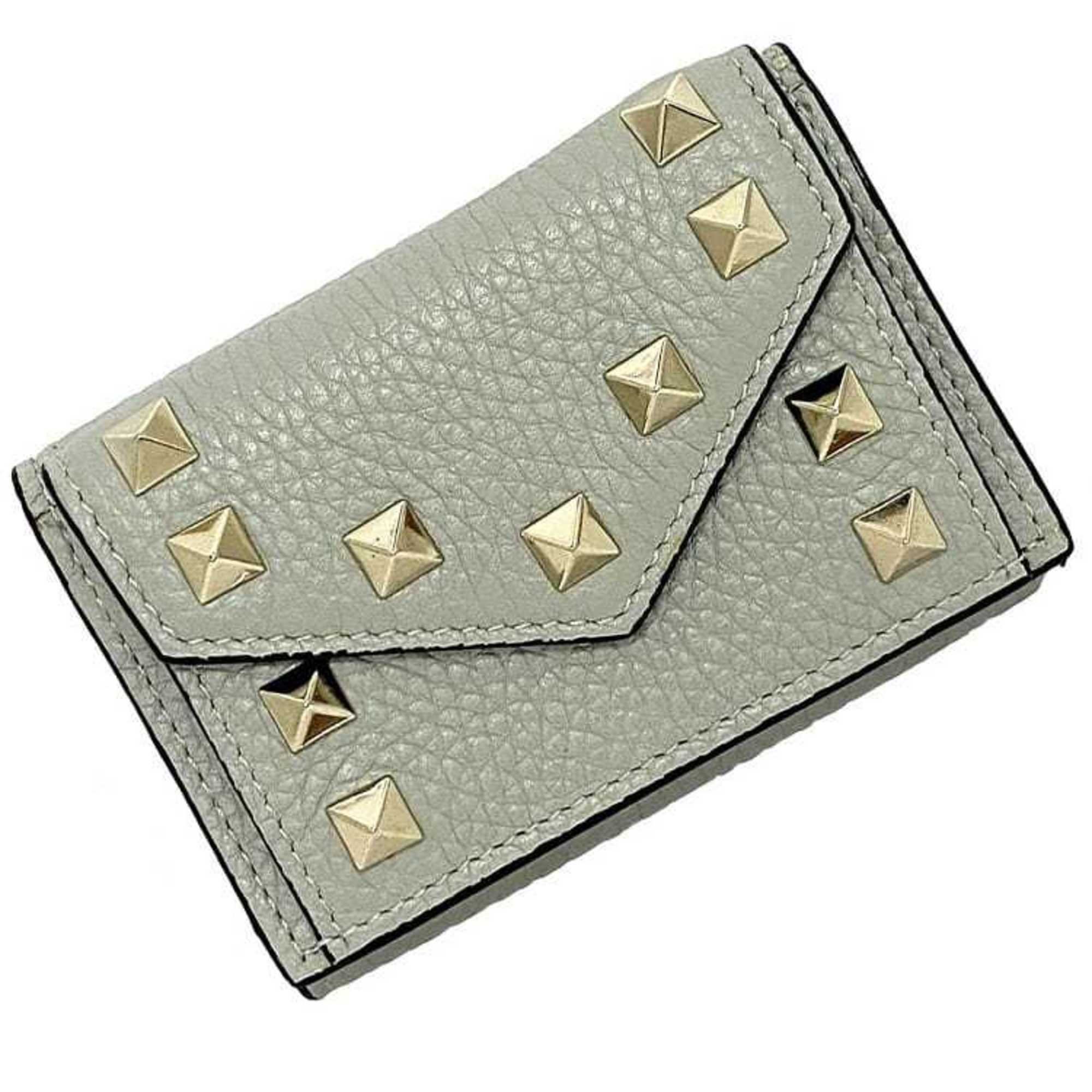 VALENTINO GARAVANI Trifold Wallet Gray Rockstuds UW2P0Q47 BOL ML8 Leather Studs Compact