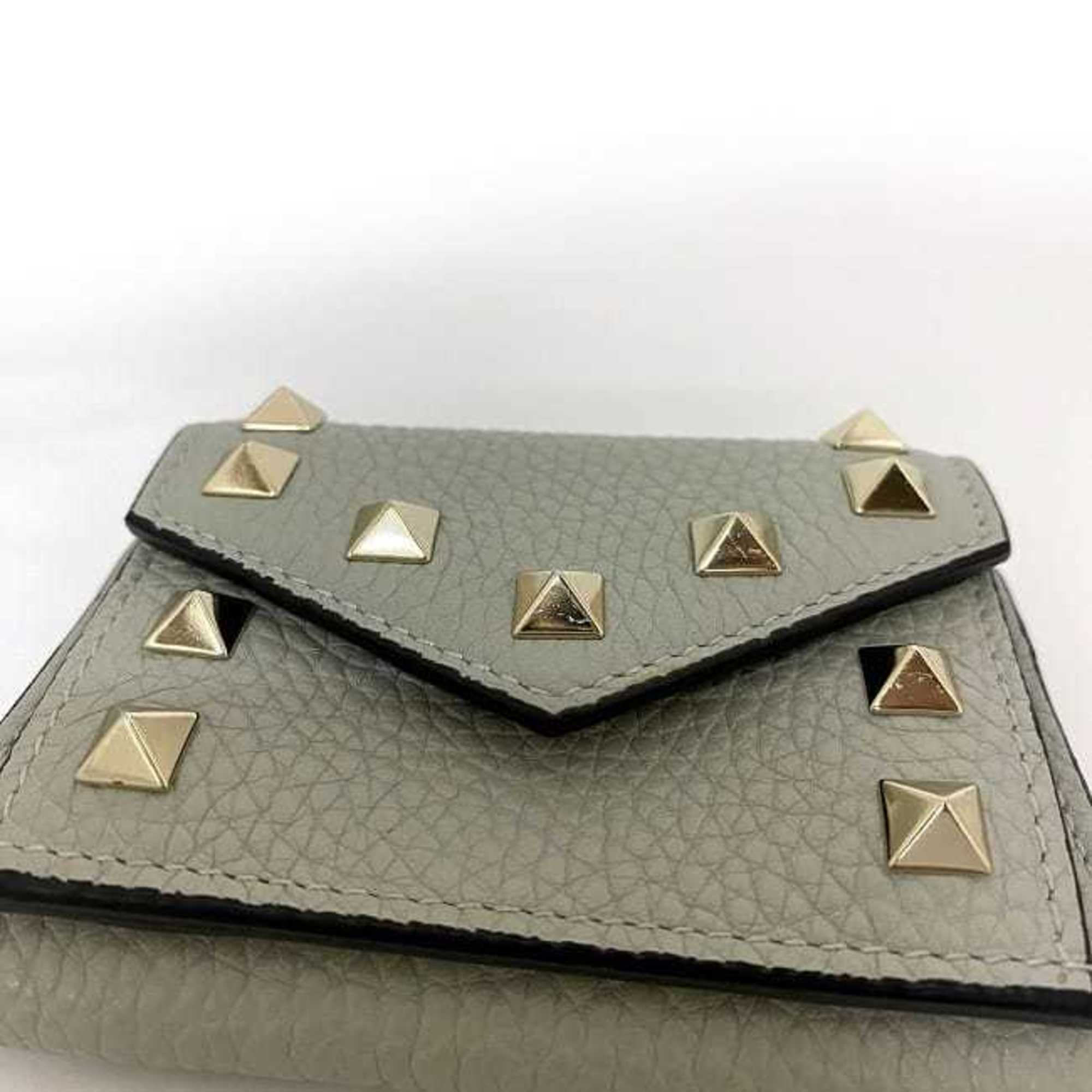 VALENTINO GARAVANI Trifold Wallet Gray Rockstuds UW2P0Q47 BOL ML8 Leather Studs Compact