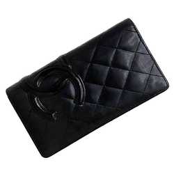 CHANEL Bifold Long Wallet Black Cambon A26717 Leather 13321037 Coco Mark Fold Quilted Matelasse Ladies