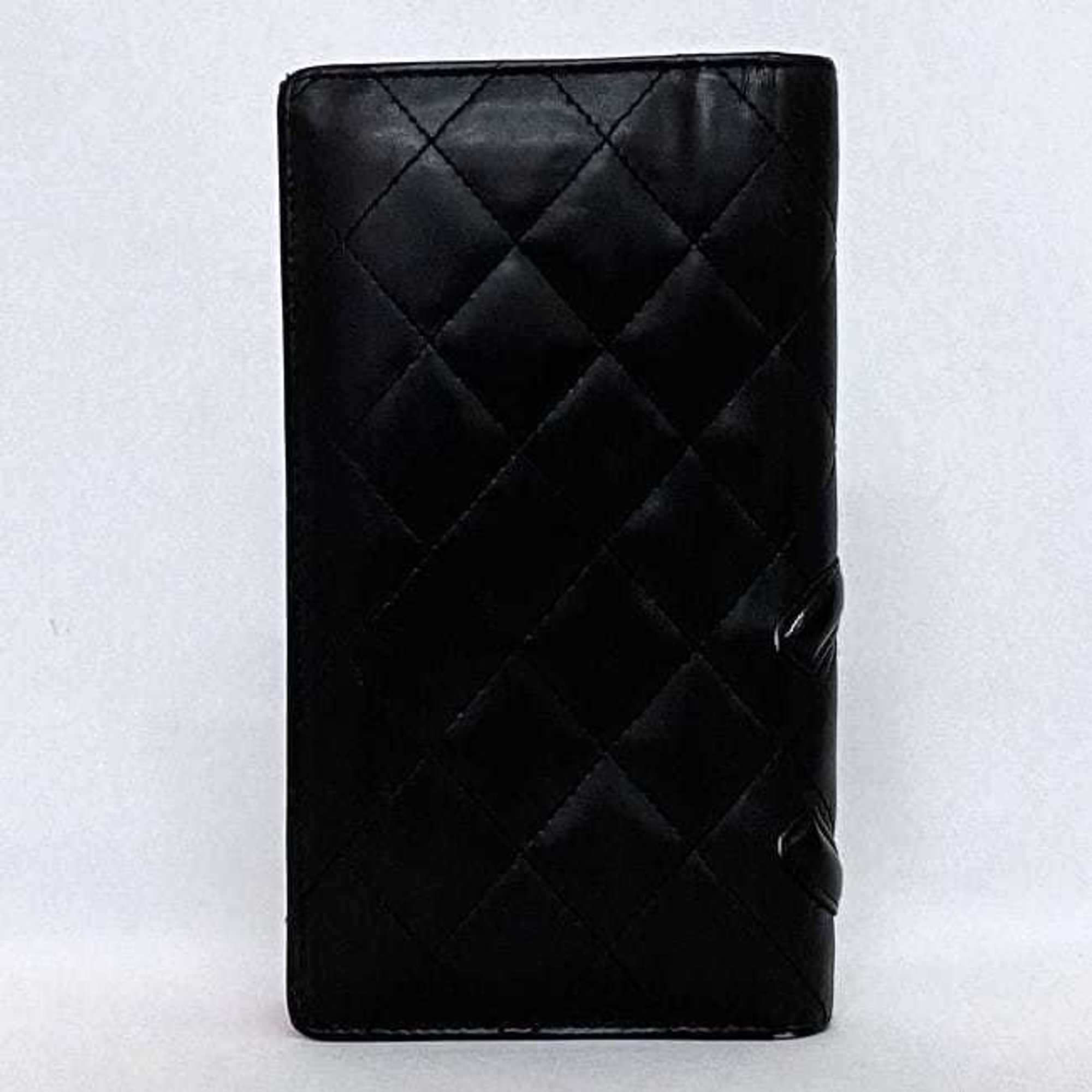 CHANEL Bifold Long Wallet Black Cambon A26717 Leather 13321037 Coco Mark Fold Quilted Matelasse Ladies