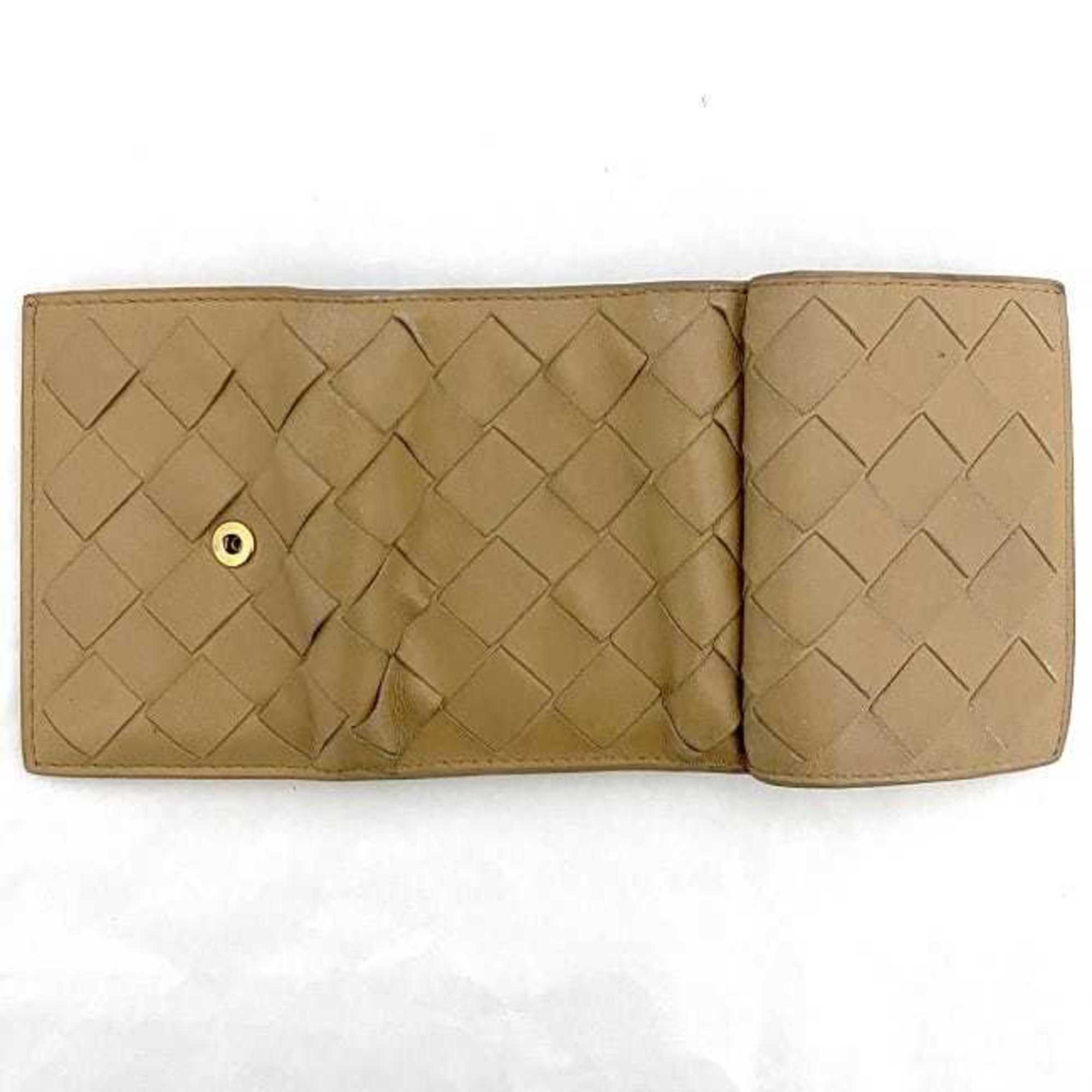 Bottega Veneta Trifold Wallet Beige Intrecciato Compact Leather BOTTEGA VENETA Women's