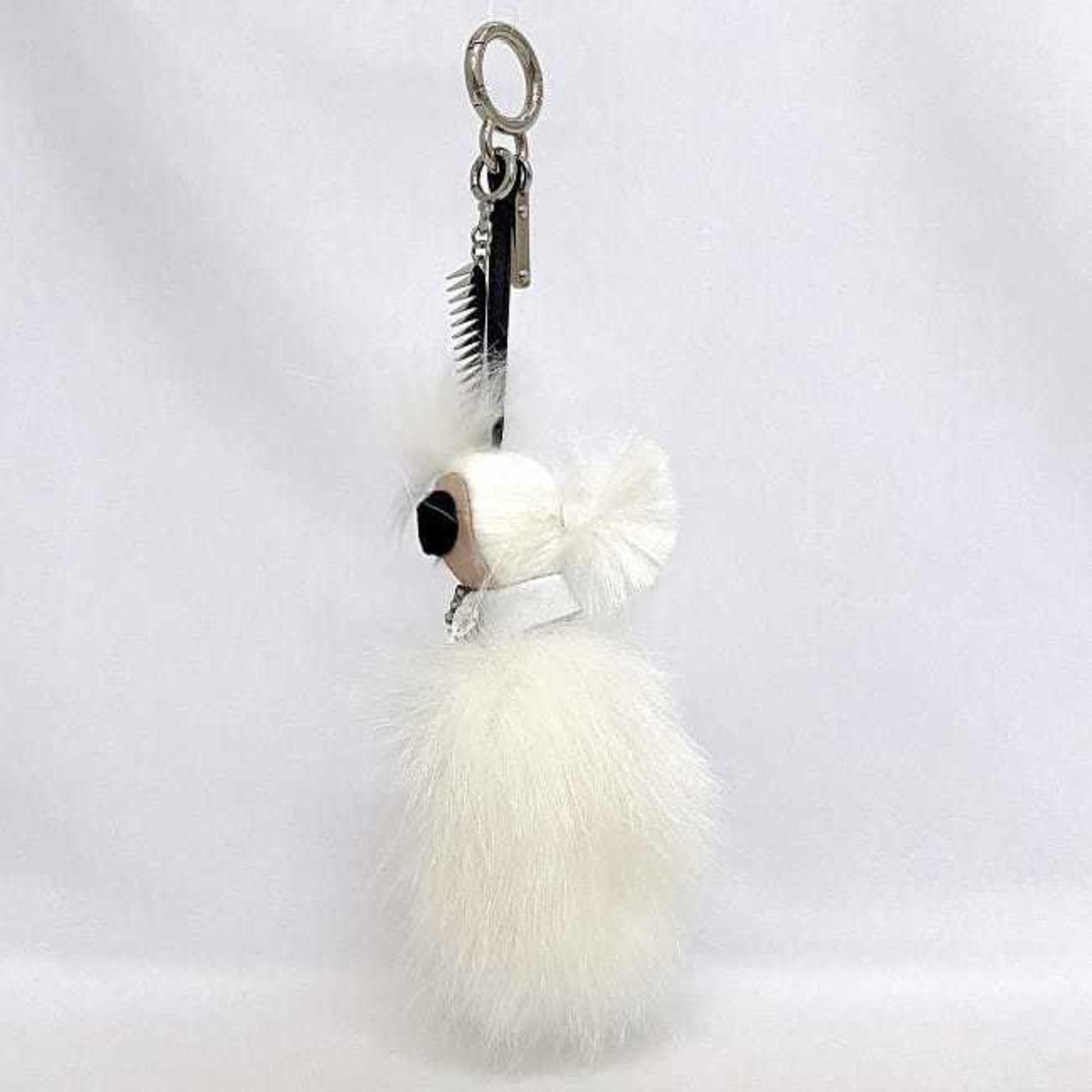 FENDI Karl Lagerfeld Charm White Black Silver Keychain Fur Leather Metal Bag Key Ring Face Doll Accessory Unique