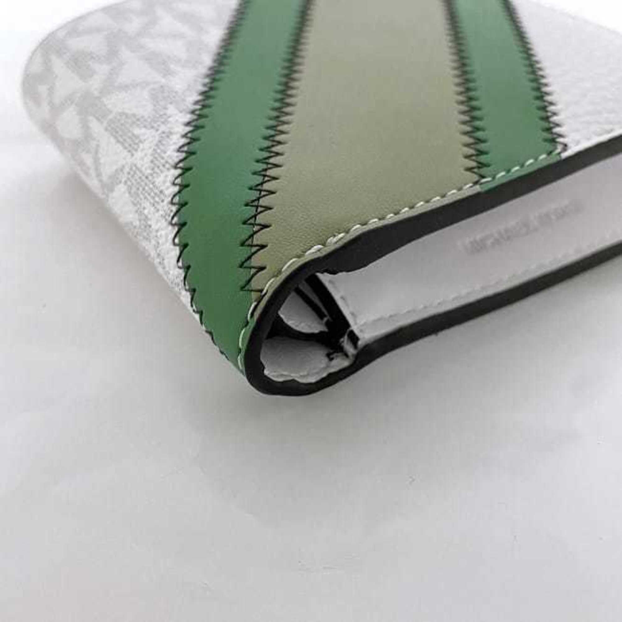 Michael Kors Bifold Wallet White Green Khaki 36R3LCOF3U Folding Leather MICHAEL KORS Stripe Patchwork Stitching Women's Compact