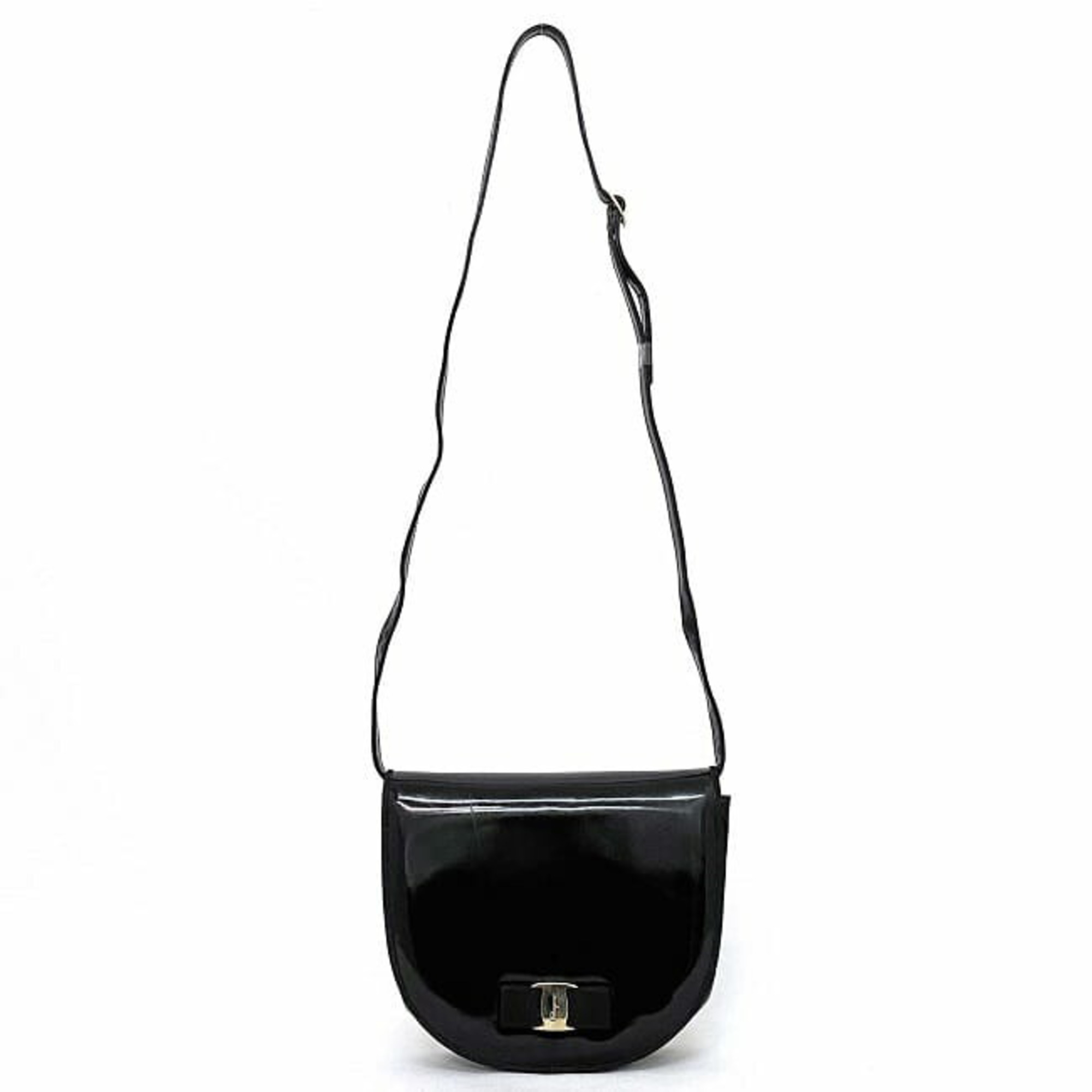 Salvatore Ferragamo Ferragamo Shoulder Bag Black Gold Vara Patent Leather Suede Salvatore Ribbon Ladies Compact
