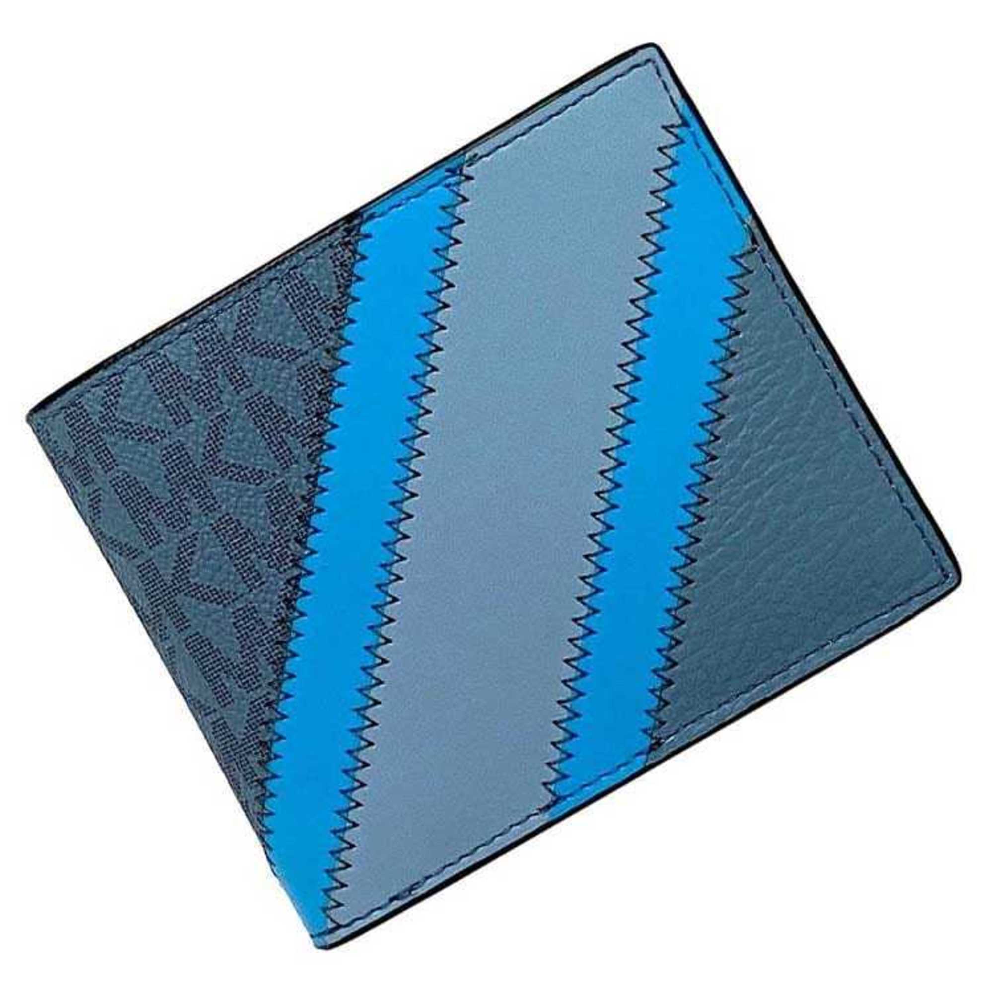 Michael Kors Bifold Wallet Blue Light 36R3LCOF3U Folding Leather MICHAEL KORS Stripe Patchwork Stitch Ladies