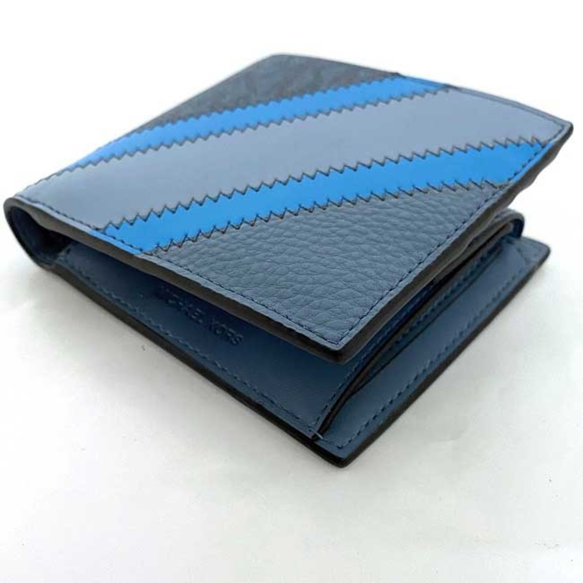 Michael Kors Bifold Wallet Blue Light 36R3LCOF3U Folding Leather MICHAEL KORS Stripe Patchwork Stitch Ladies