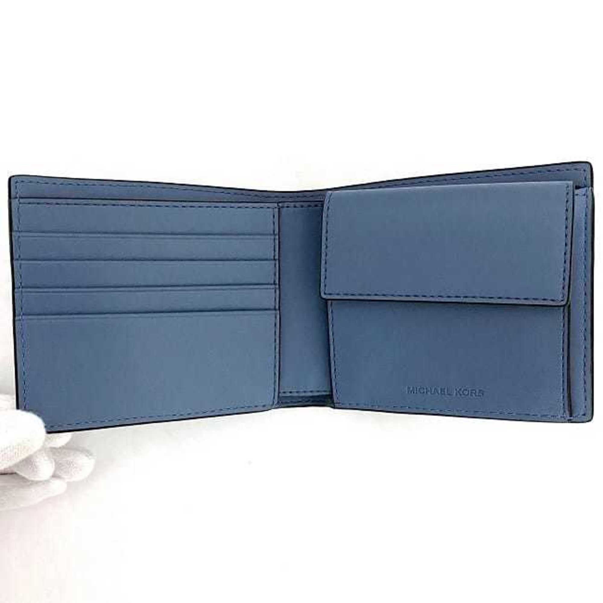 Michael Kors Bifold Wallet Blue Light 36R3LCOF3U Folding Leather MICHAEL KORS Stripe Patchwork Stitch Ladies