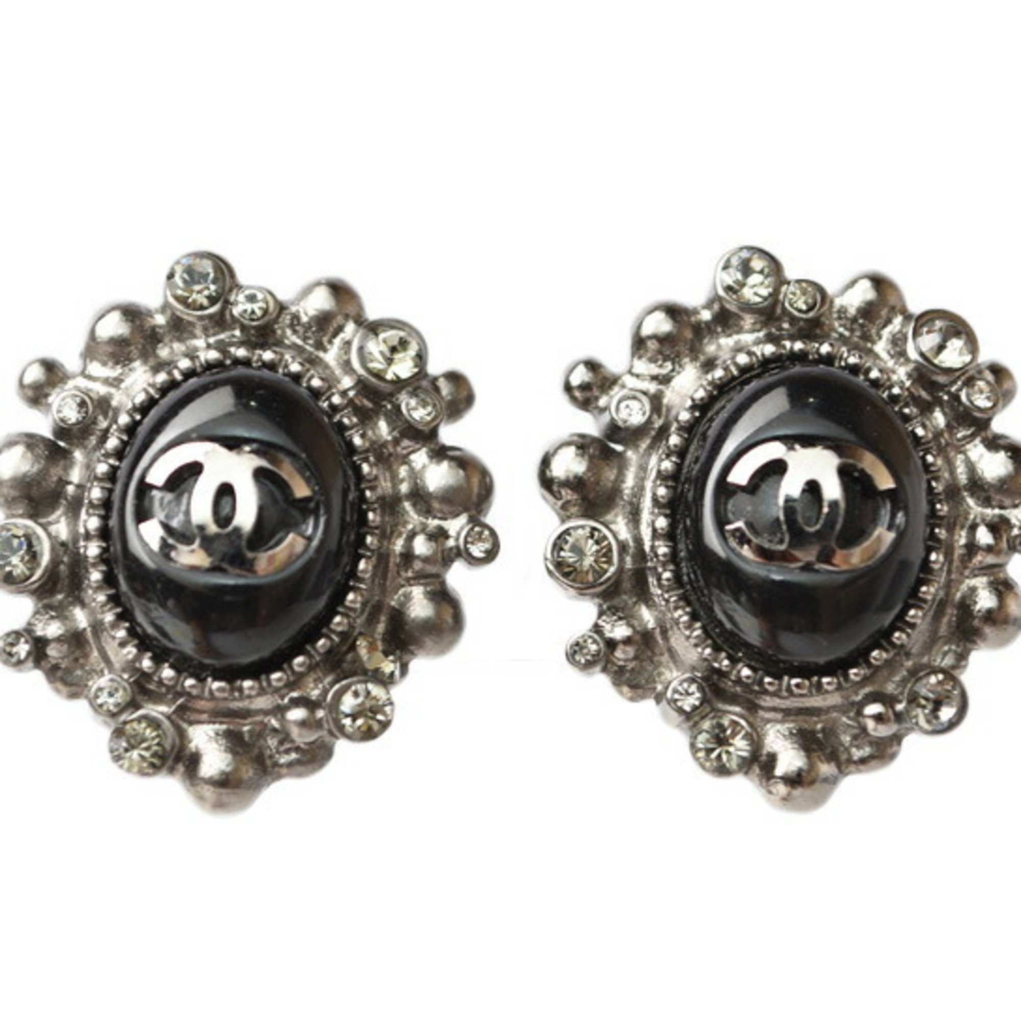 CHANEL Earrings Coco Mark CC Rhinestone Gunmetal Black