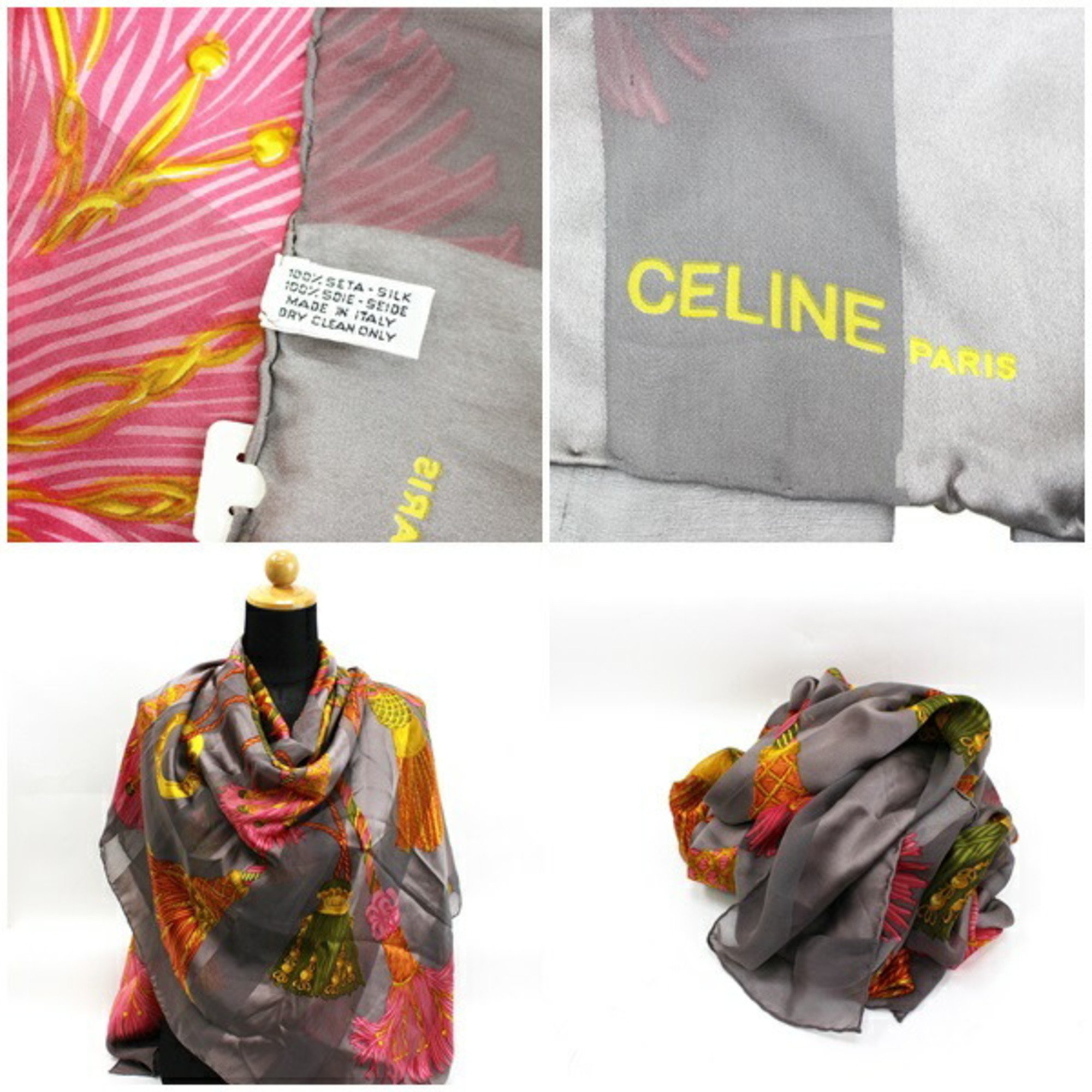 CELINE Large Scarf Muffler Gray Tassel Pattern Ladies