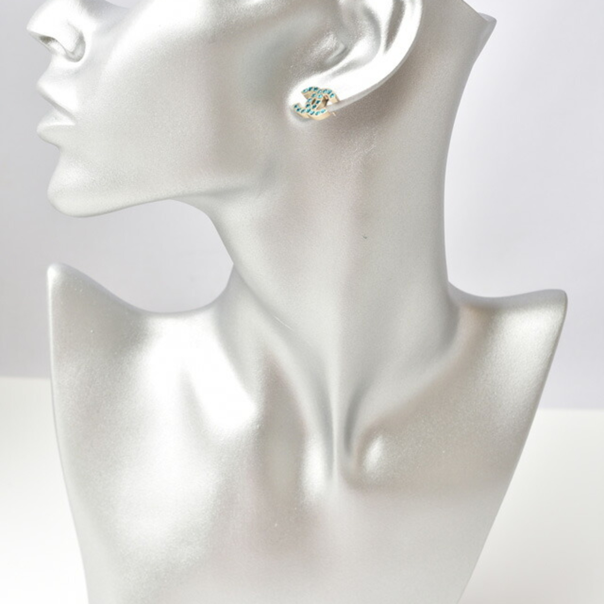 CHANEL Earrings Coco Mark CC Rhinestone Gold Green