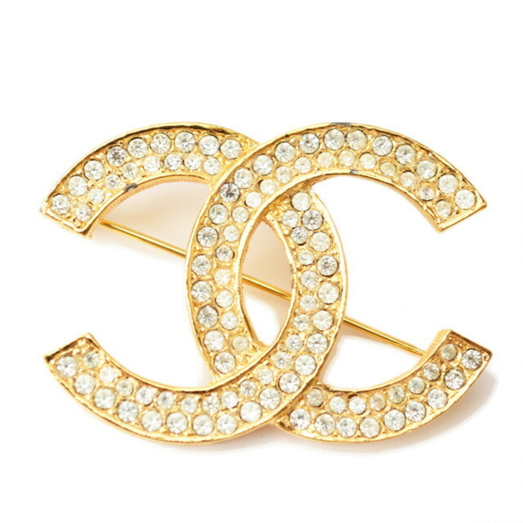 CHANEL brooch pin here mark rhinestone gold