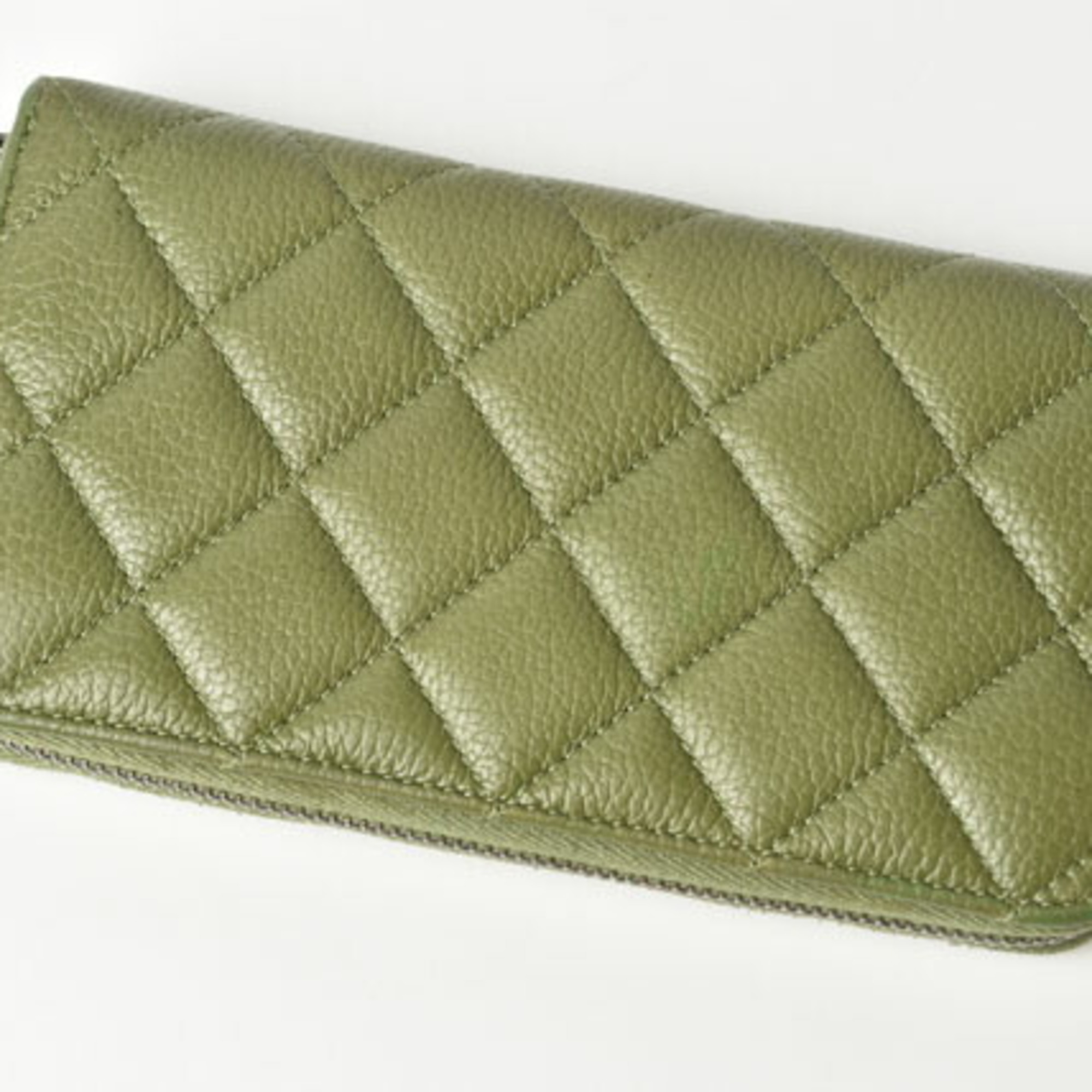 CHANEL Wallet Round Medium Quilted Matelasse Caviar Skin Moss Green