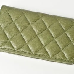 CHANEL Wallet Round Medium Quilted Matelasse Caviar Skin Moss Green