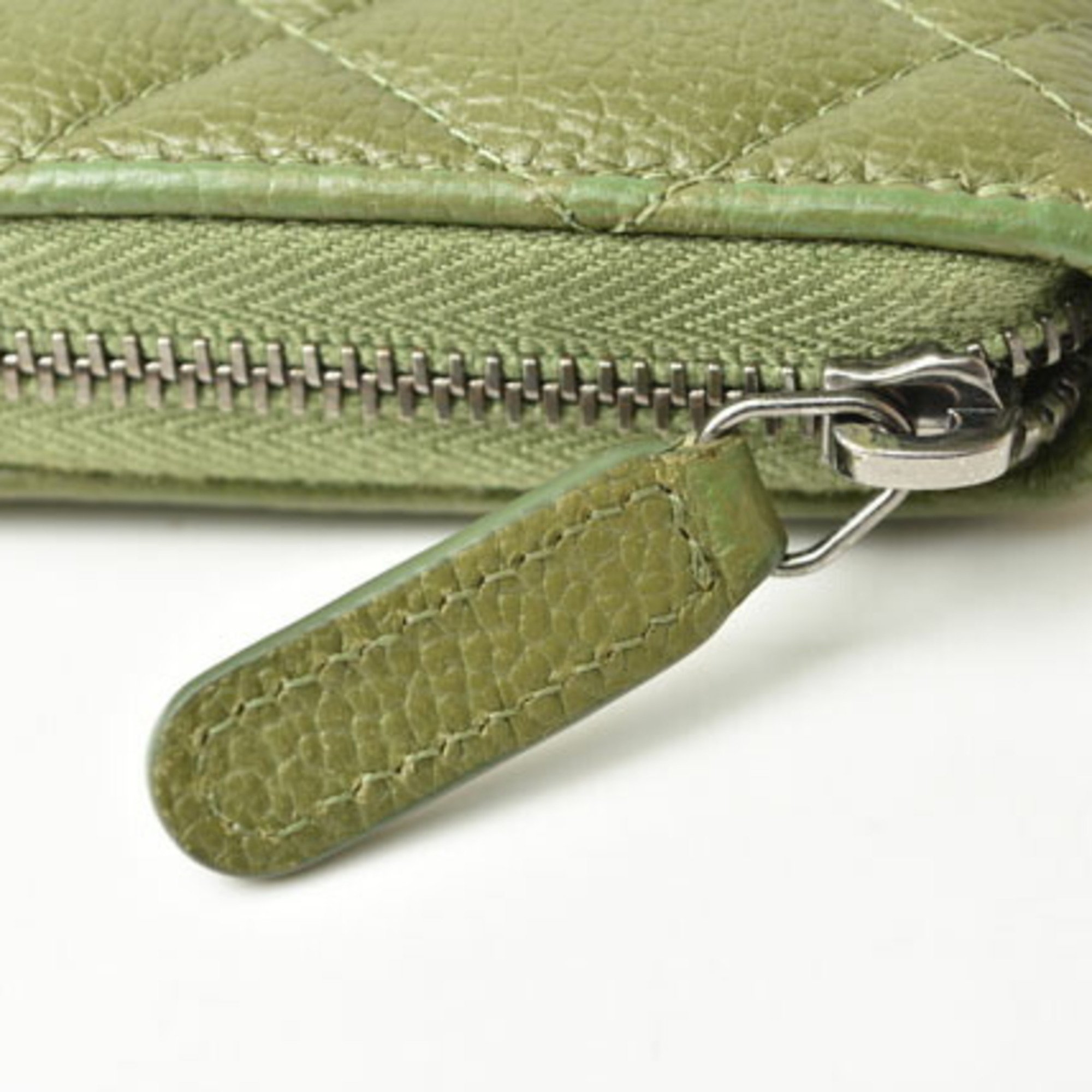 CHANEL Wallet Round Medium Quilted Matelasse Caviar Skin Moss Green