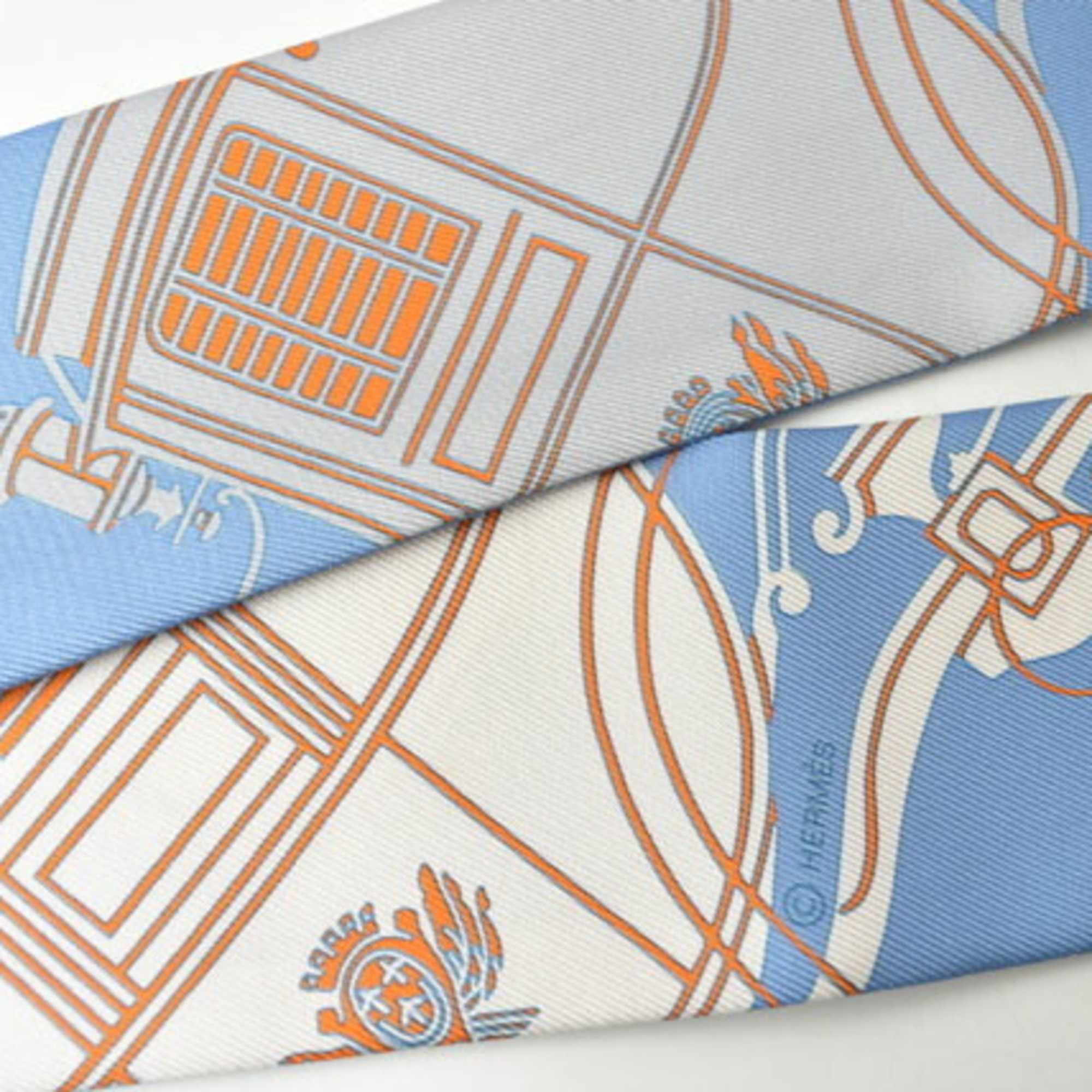 Hermes Twilly Scarf Muffler HERMES Silk Twill Carriage Motif Light Blue Yellow