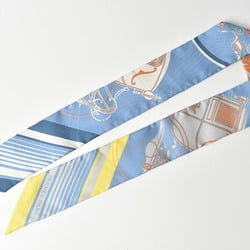 Hermes Twilly Scarf Muffler HERMES Silk Twill Carriage Motif Light Blue Yellow