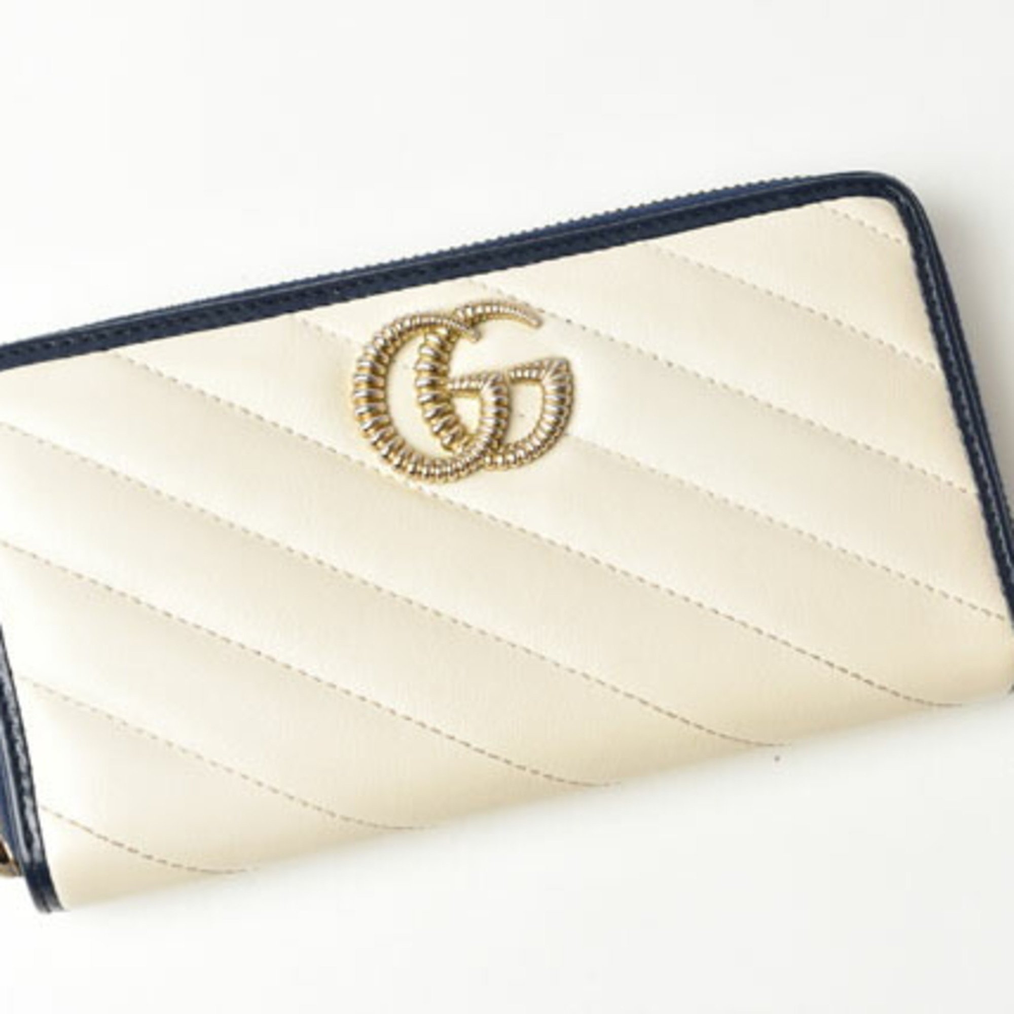 Gucci Wallet GUCCI Long GG MARMONT Marmont Quilted Leather White Navy 573810