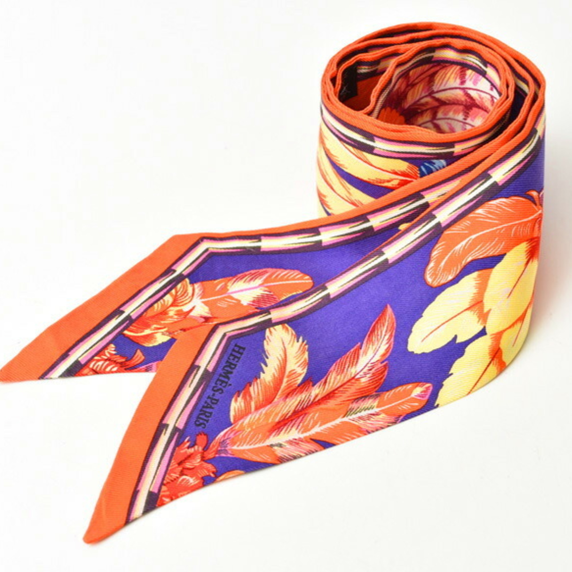 Hermes Twilly Scarf Muffler HERMES Silk Twill Feather Motif Purple Orange Multi