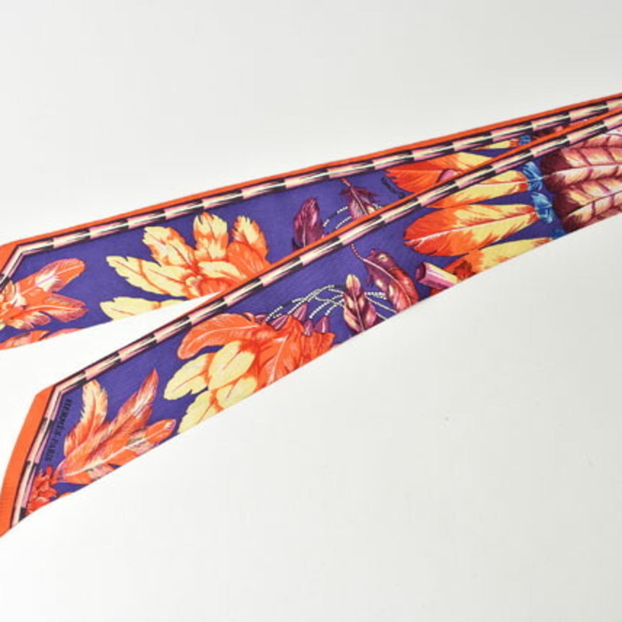 Hermes Twilly Scarf Muffler HERMES Silk Twill Feather Motif Purple Orange Multi