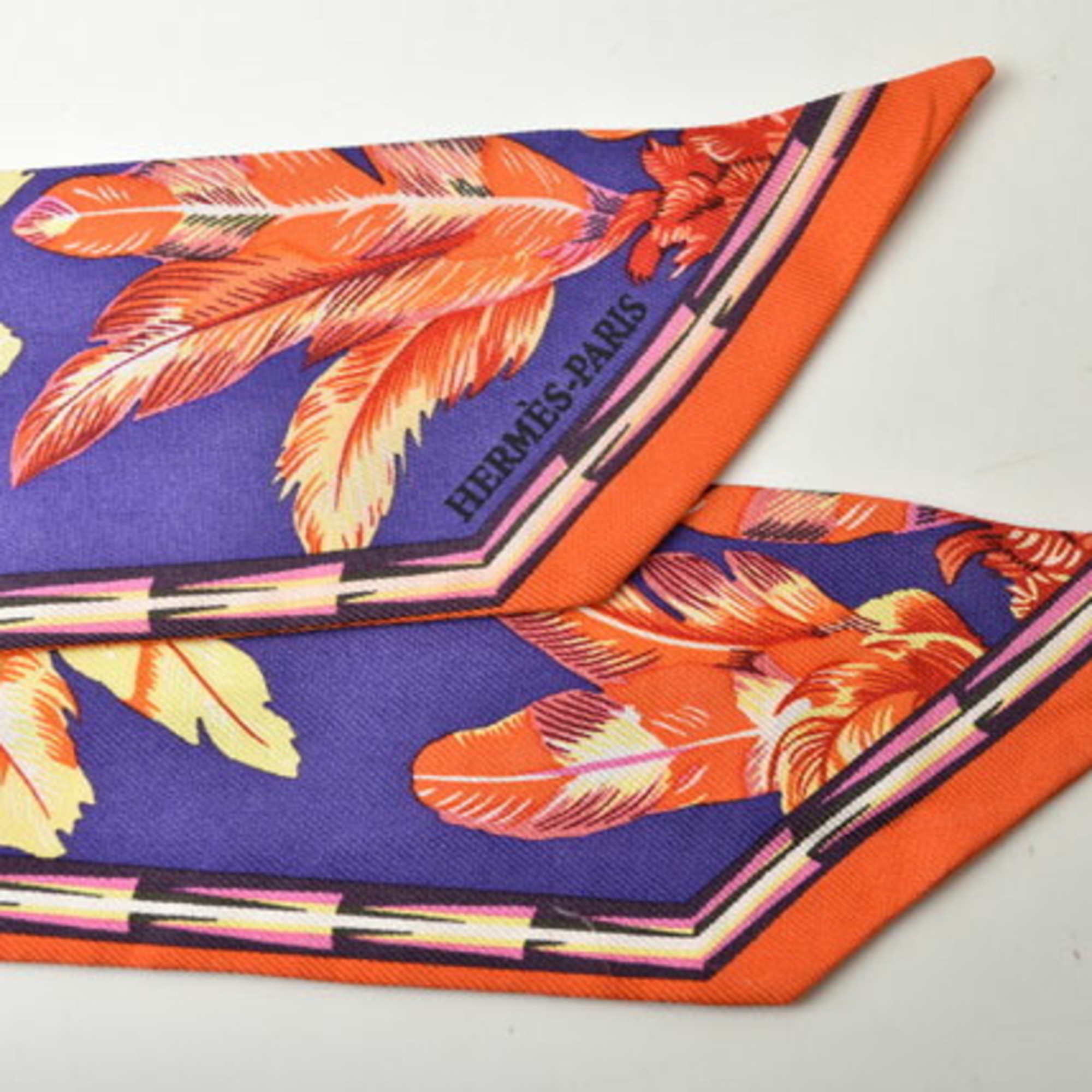 Hermes Twilly Scarf Muffler HERMES Silk Twill Feather Motif Purple Orange Multi