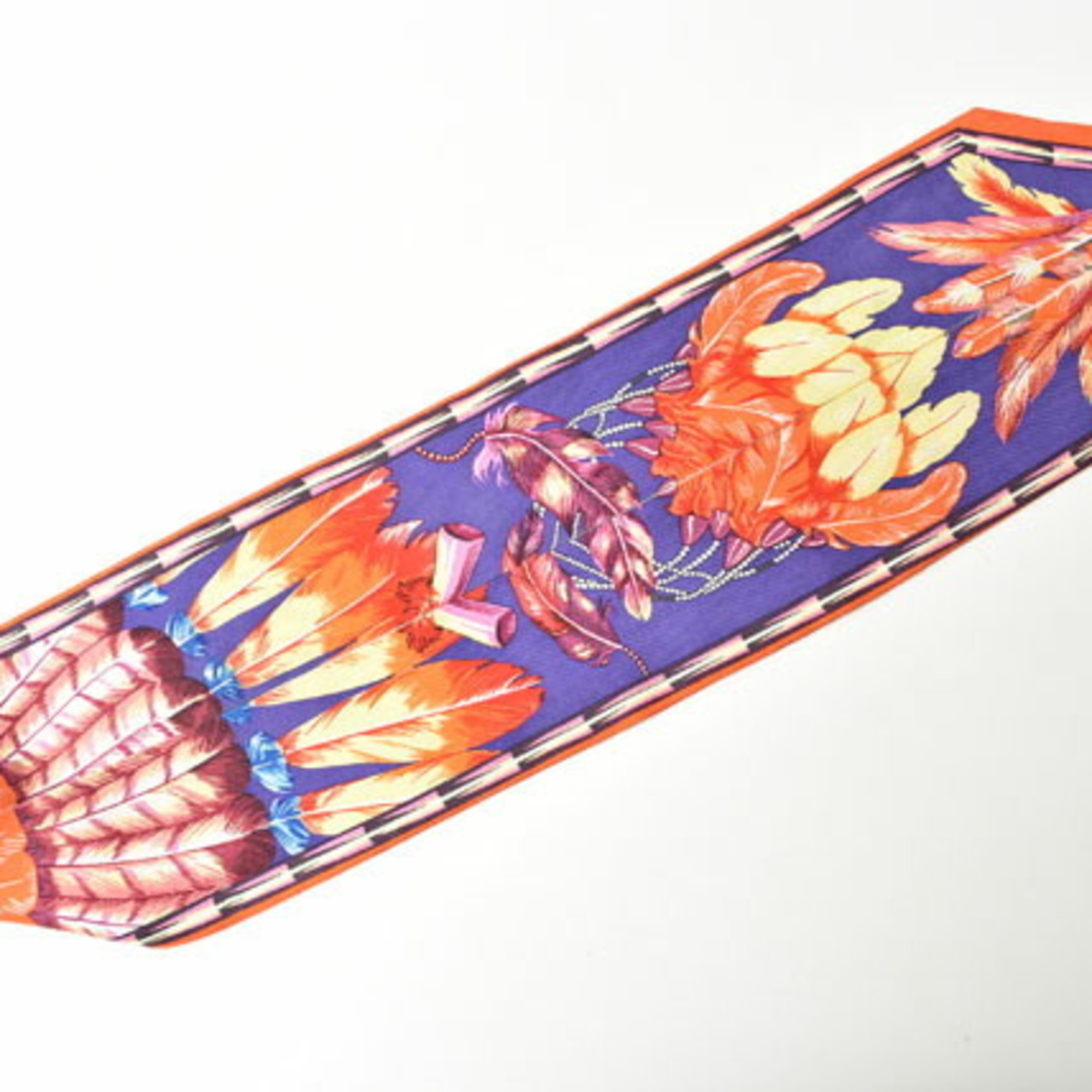 Hermes Twilly Scarf Muffler HERMES Silk Twill Feather Motif Purple Orange Multi