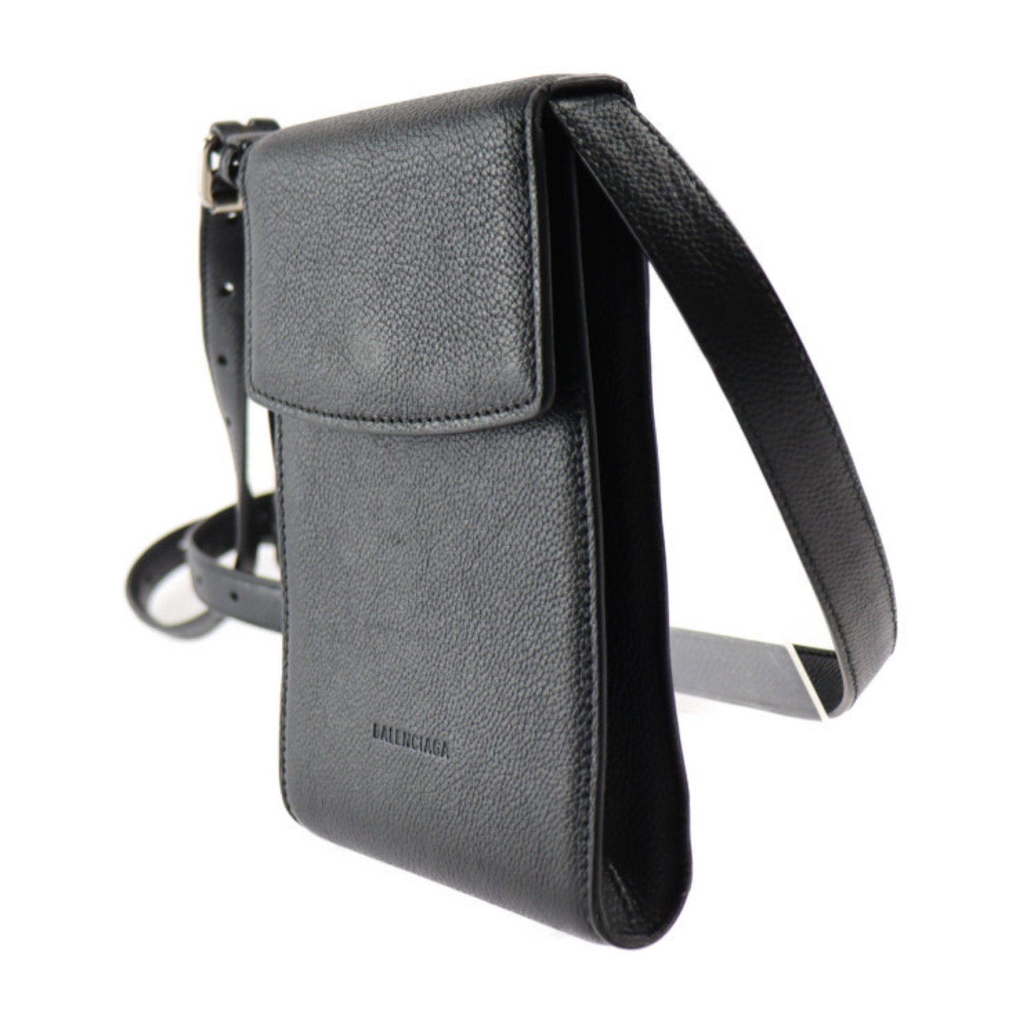 BALENCIAGA Ghost Phone Holder Shoulder Bag 618868 Leather Black Silver Hardware Smartphone Case Pochette