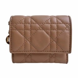 Christian Dior Lady Cannage Leather Lotus Trifold Wallet Brown Ladies