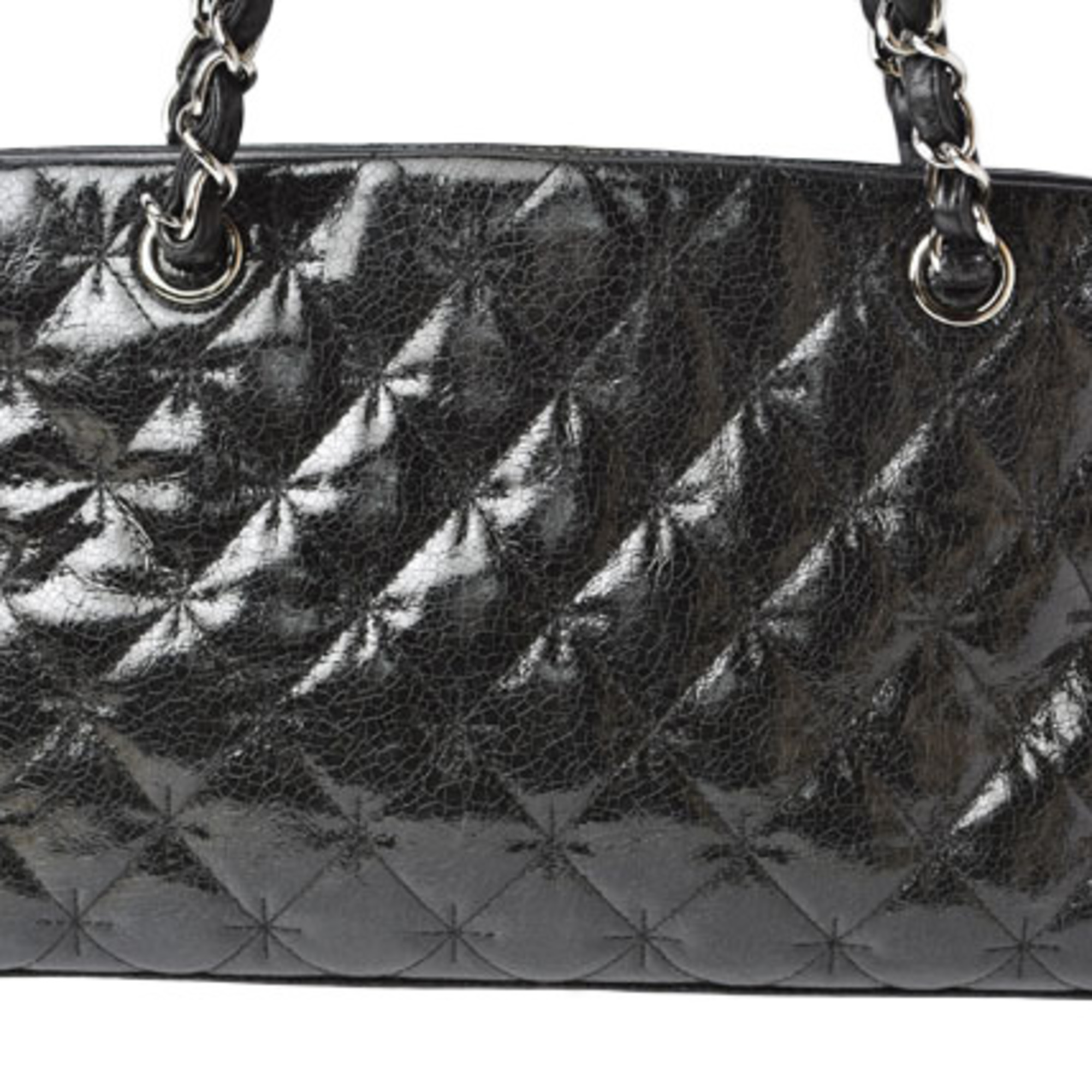 CHANEL tote bag chain patent leather quilted stitch black