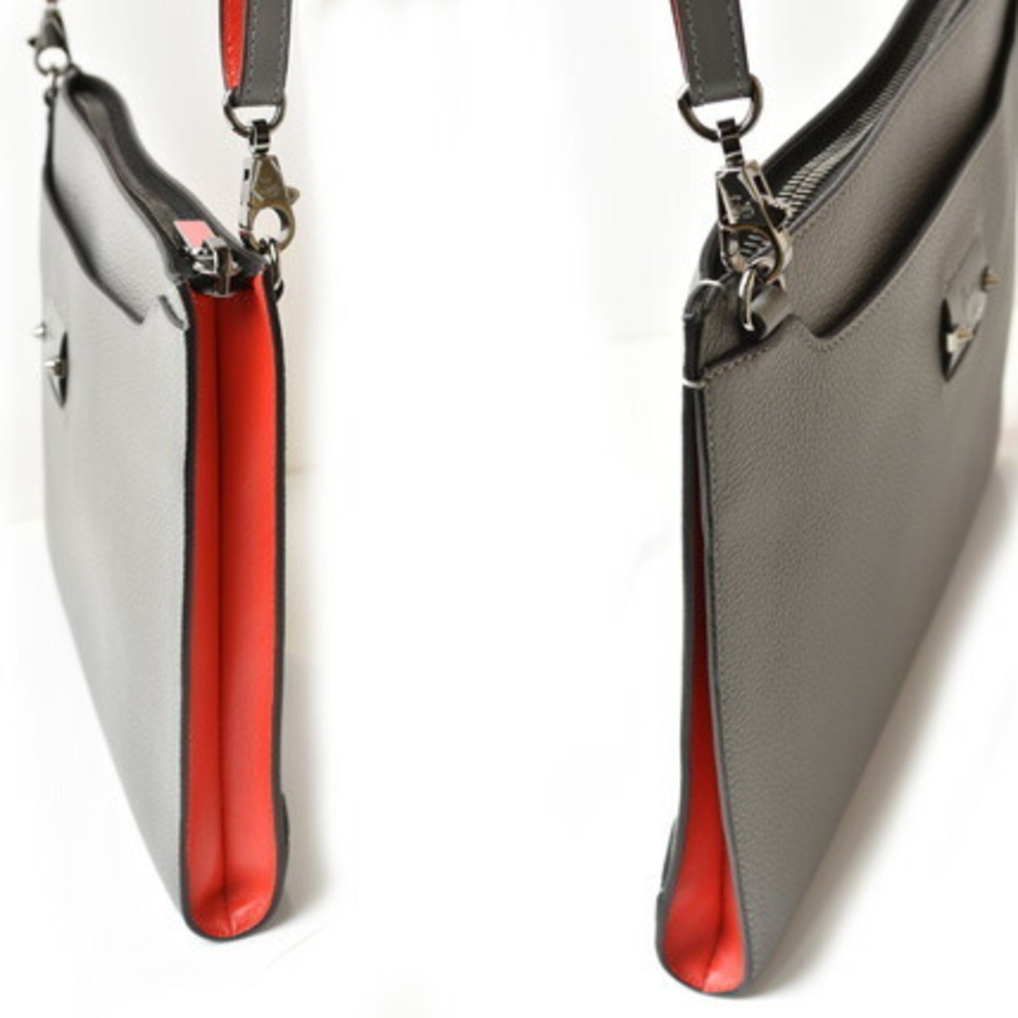 Christian Louboutin Clutch Bag Shoulder louboutin Calf Spike SKYPOUCH Shadow Gunmetal 1195056