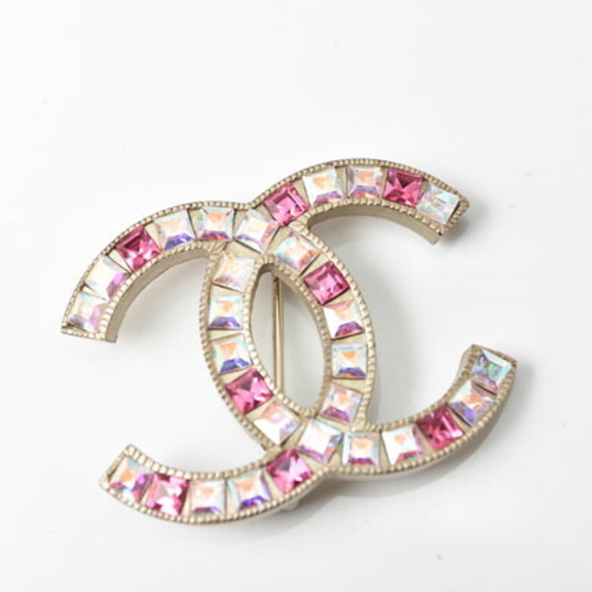 CHANEL brooch pin here mark rhinestone pink multi gold