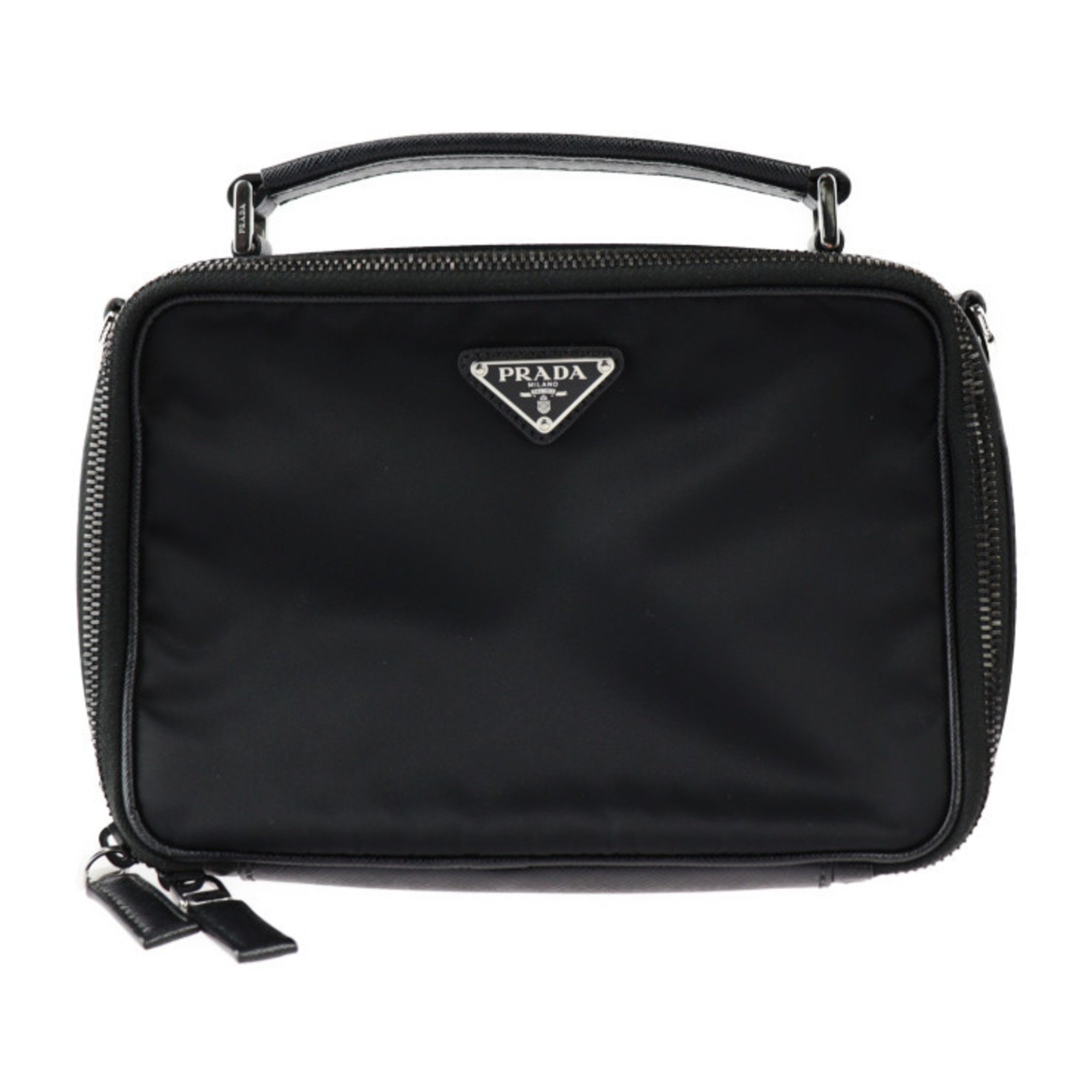 PRADA Brick Handbag 2VH069 Nylon Saffiano Leather Black Silver Hardware 2WAY Shoulder Bag Triangle Logo