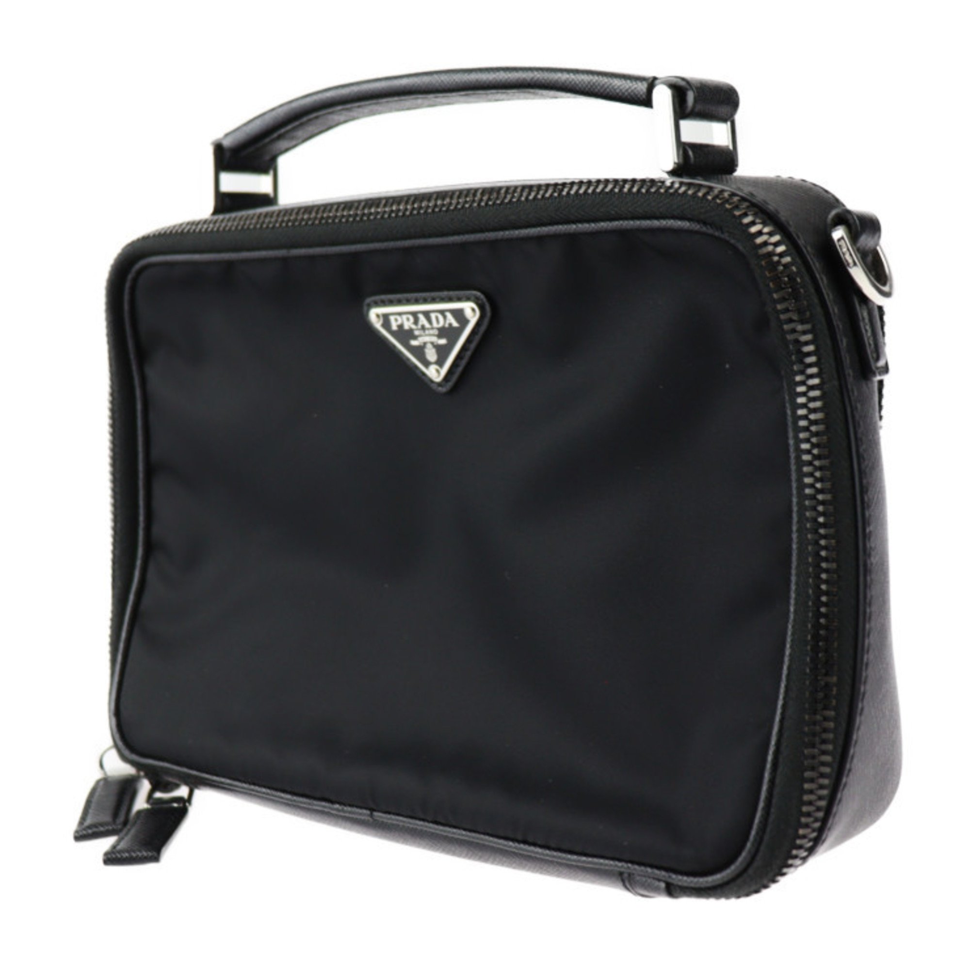 PRADA Brick Handbag 2VH069 Nylon Saffiano Leather Black Silver Hardware 2WAY Shoulder Bag Triangle Logo