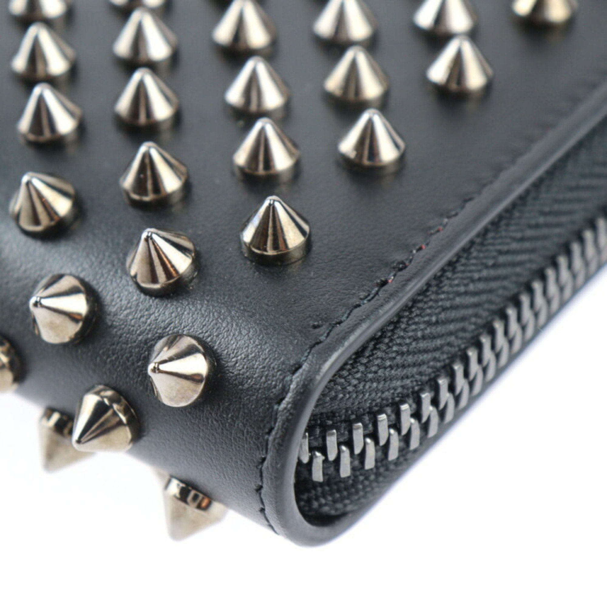 Christian Louboutin PANETTONE Long Wallet 1165065 Calf Leather Black Silver Hardware Spike Studs Round Zipper