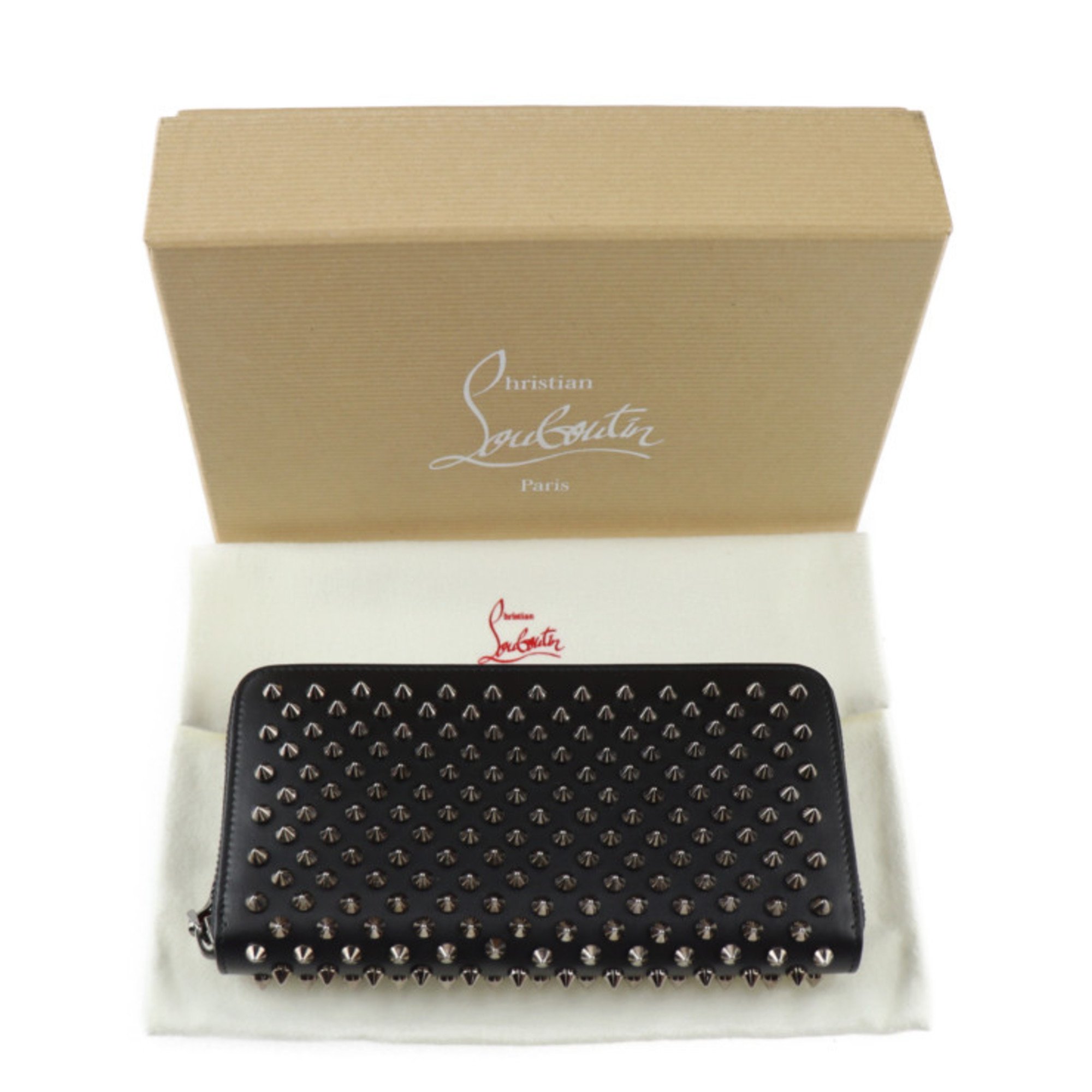 Christian Louboutin PANETTONE Long Wallet 1165065 Calf Leather Black Silver Hardware Spike Studs Round Zipper