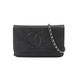CHANEL Caviar Skin Chain Wallet Long Leather Black A48654 Coco Mark Silver Hardware