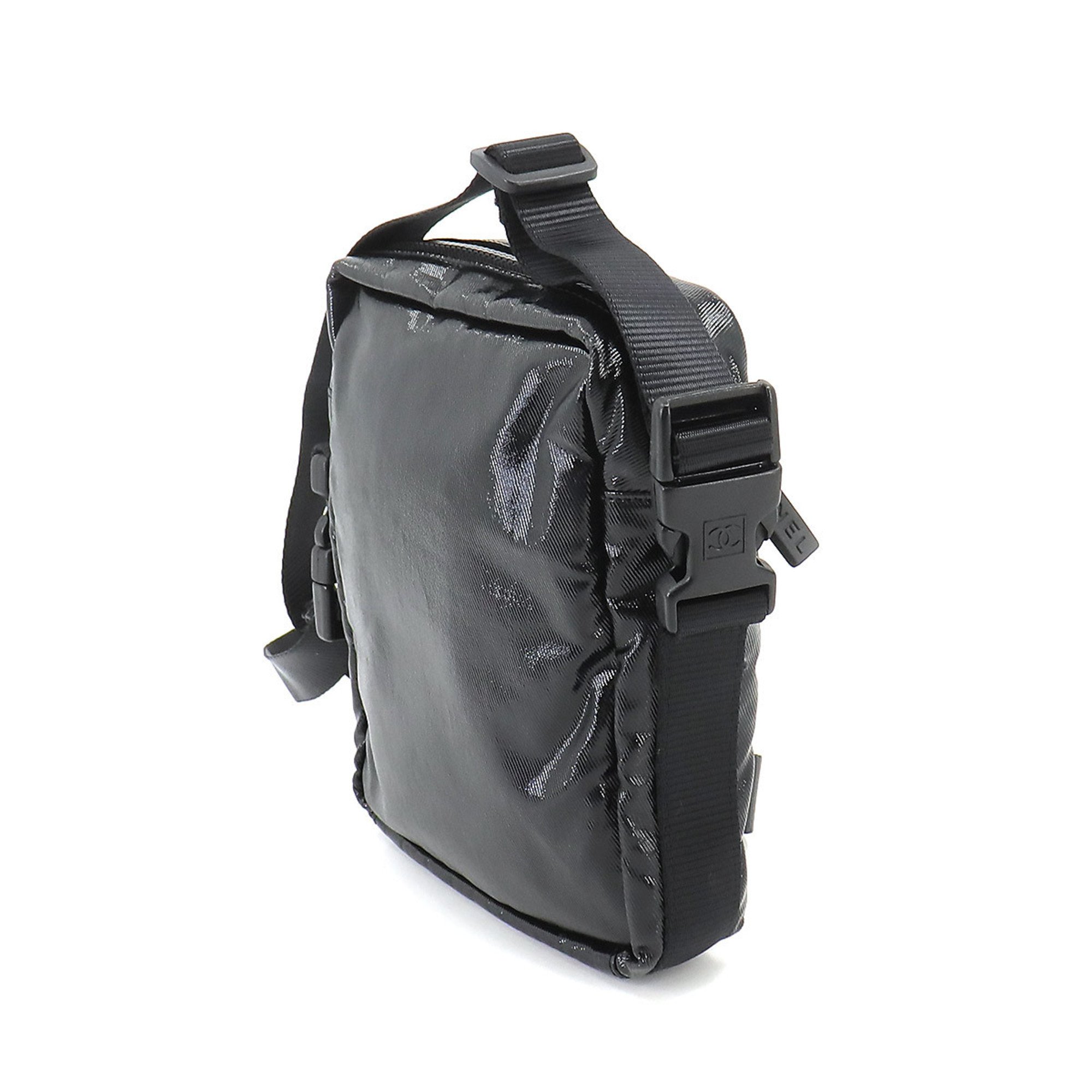 CHANEL Sportsline Shoulder Bag Nylon Black Silver Hardware