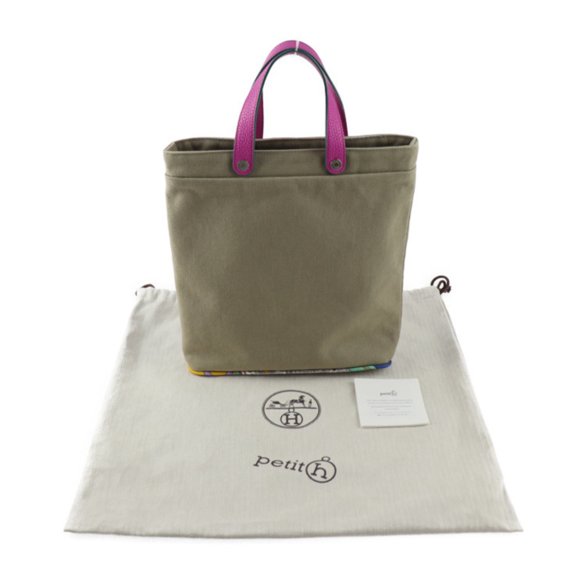 HERMES petit h ash tote bag cotton canvas leather silk khaki pink purple handbag