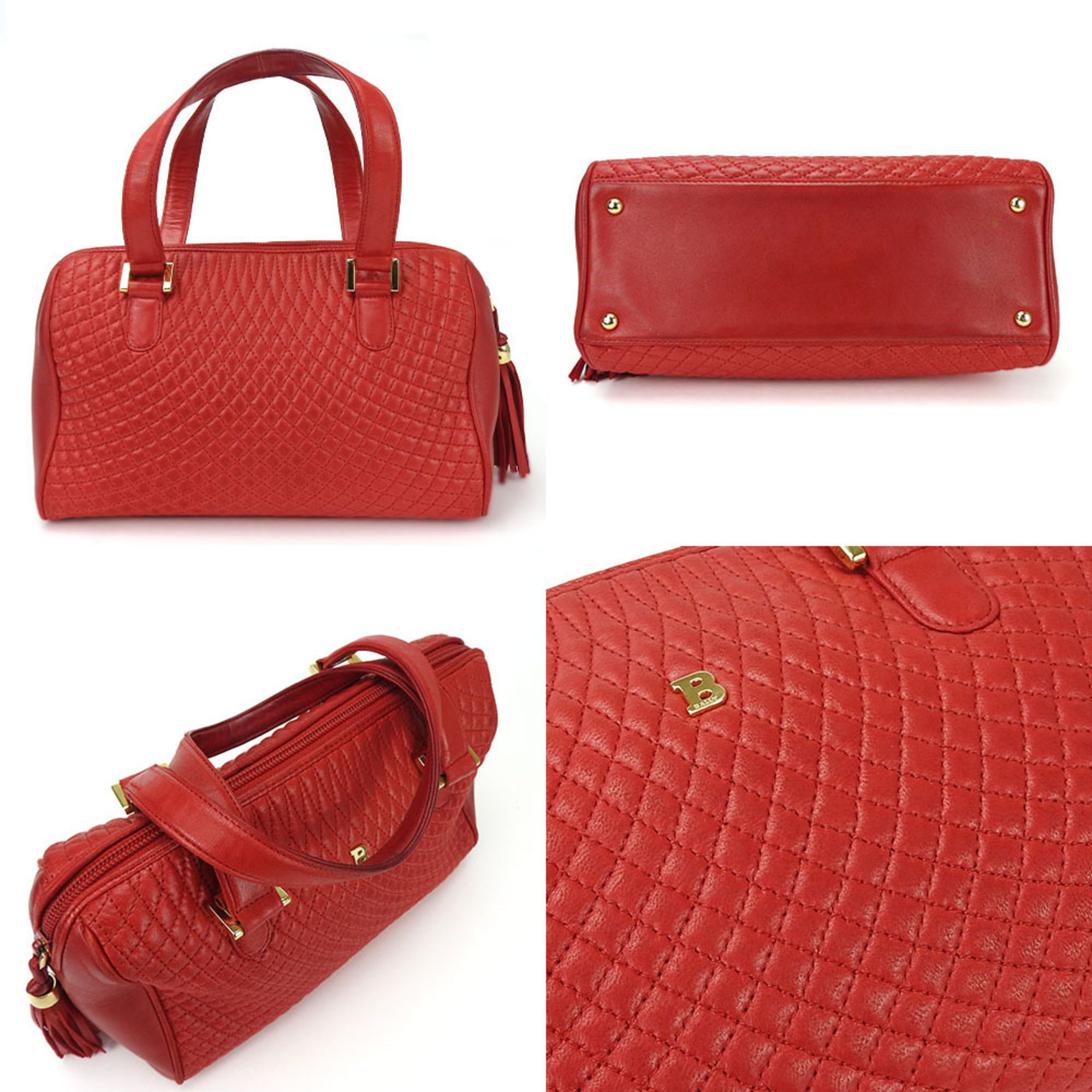 BALLY Hand Bag Leather Quilted Stitch Red Ladies red 21575