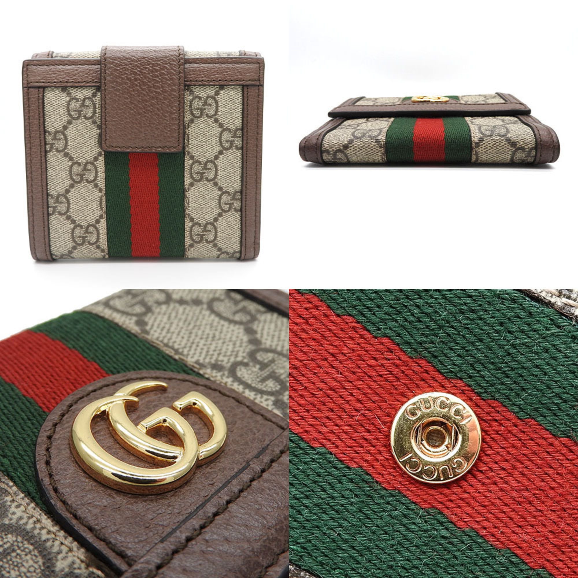 Gucci W Wallet Compact Offdia Sherry Line GG Supreme 523173 Beige Red Green Leather Ladies Men's Unisex GUCCI wallet pvc