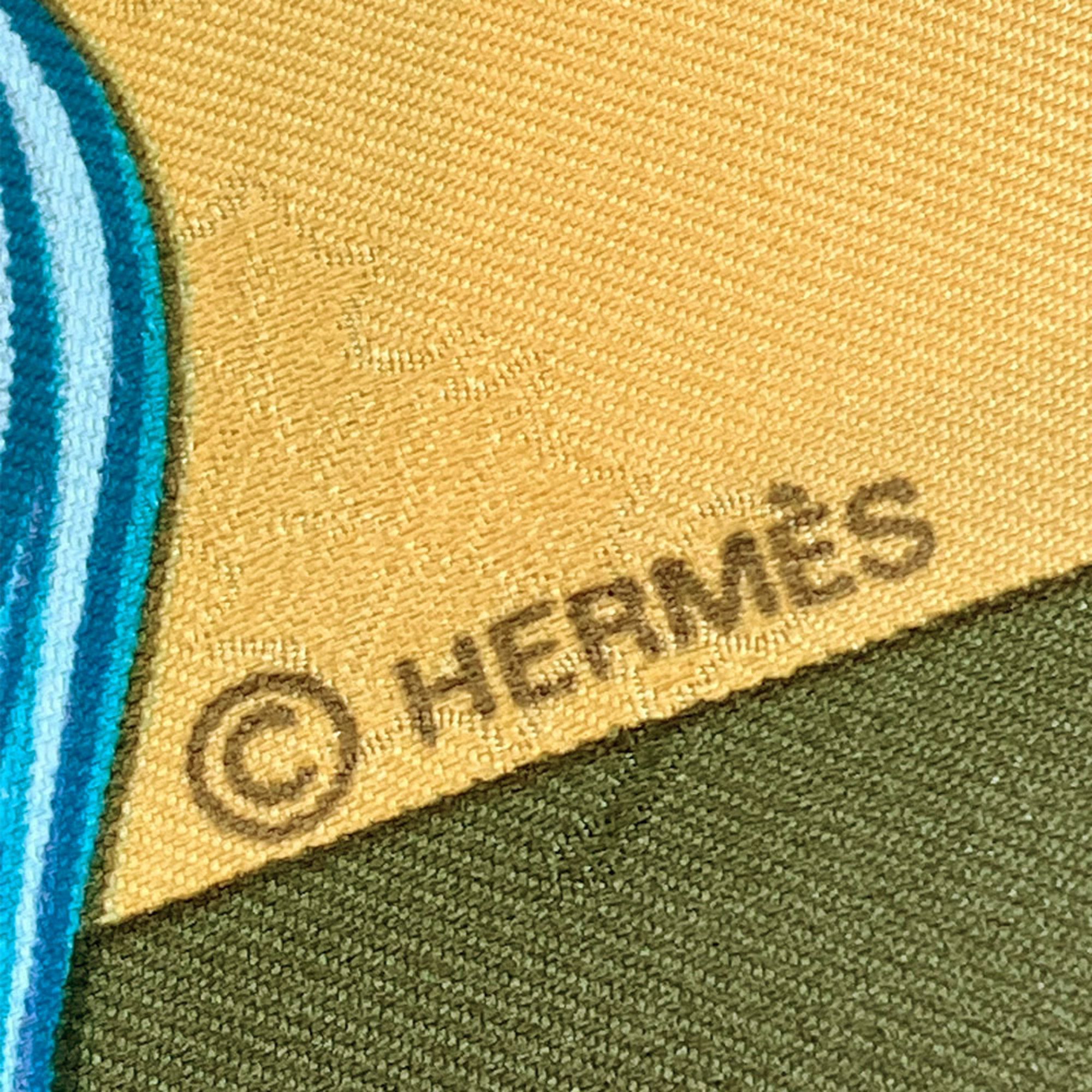 Hermes Muffler/Scarf Carre90 100% Silk Plumes et Grelots Feathers and Bells Green Beige Accessories Women's HERMES CARRE90 scarf silk green beige