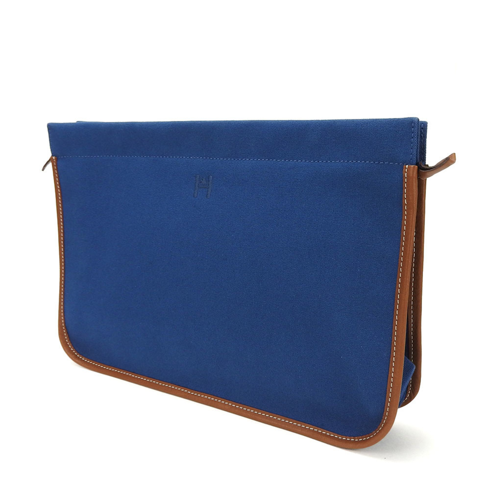 Hermes clutch bag canvas leather navy brown ladies HERMES blue
