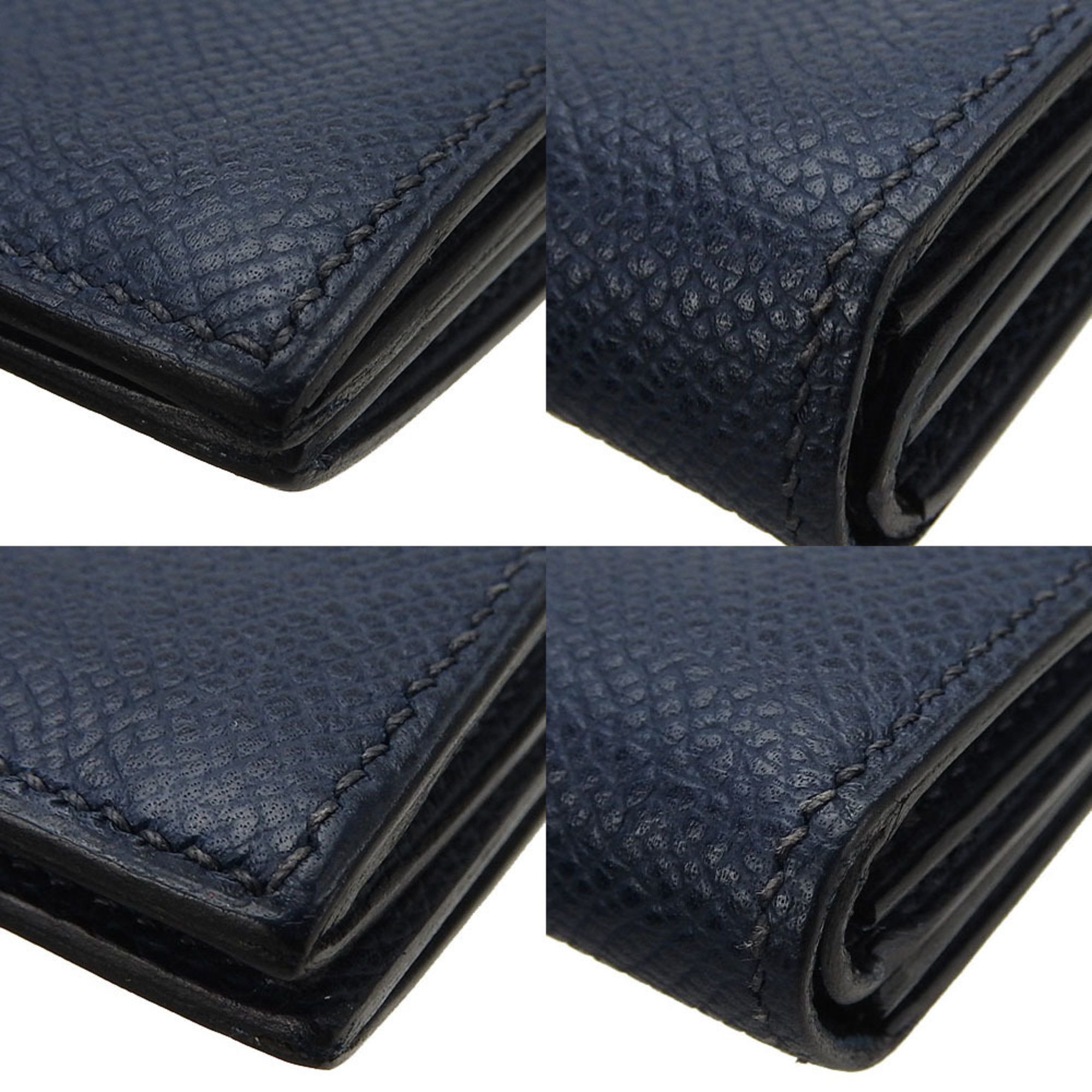 Hermes Bifold Wallet Compact Bearn Vaux Epson Blue de Plus □L Engraved Leather Accessories Men Women Unisex HERMES card case