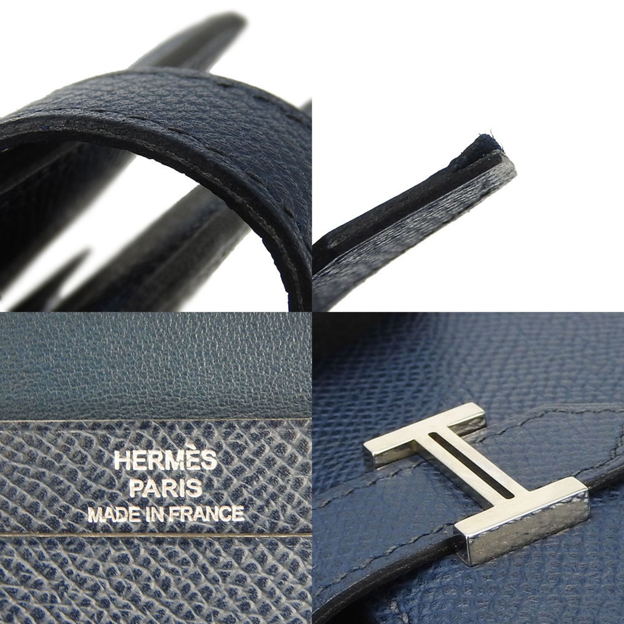 Hermes Bifold Wallet Compact Bearn Vaux Epson Blue de Plus □L Engraved Leather Accessories Men Women Unisex HERMES card case