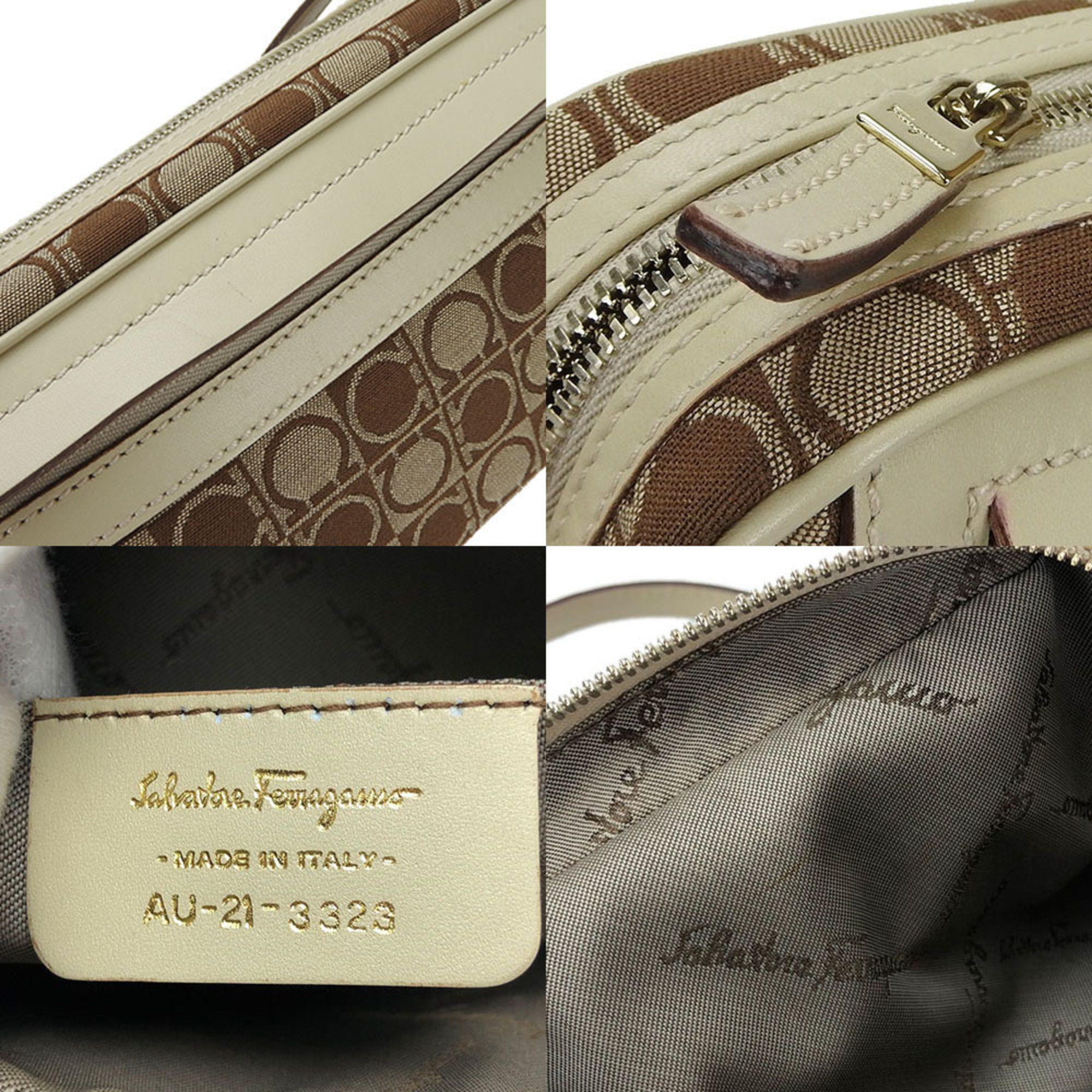 Salvatore Ferragamo AU-21-3323 Hand Pouch Shoulder Bag Gancini Leather Canvas Brown shoulder bag leather beige brown